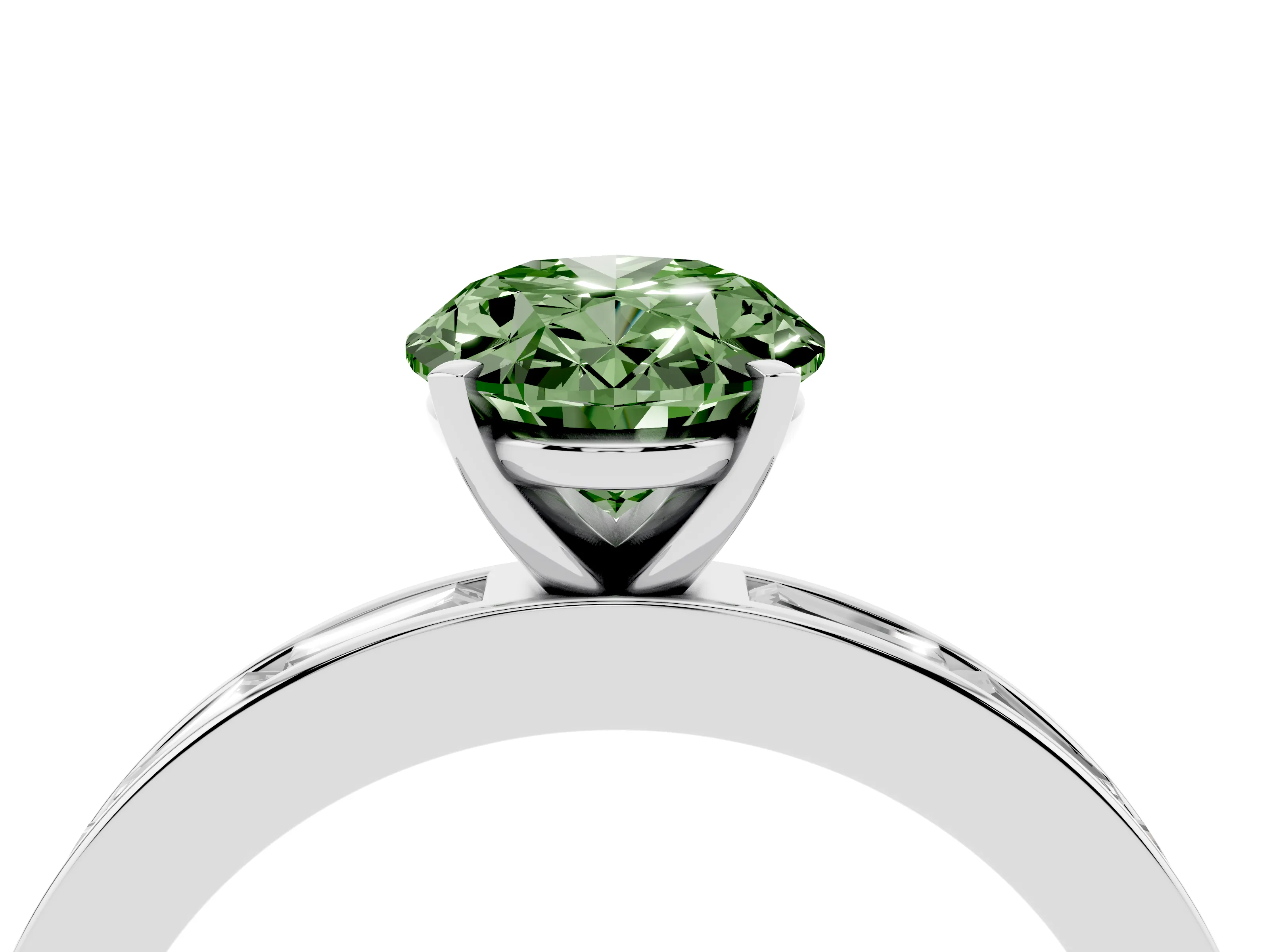 Fancy Green Oval Cut Diamond Solitaire Ring Set in Platinum with Channel-Set Baguette Band and Prong Setting