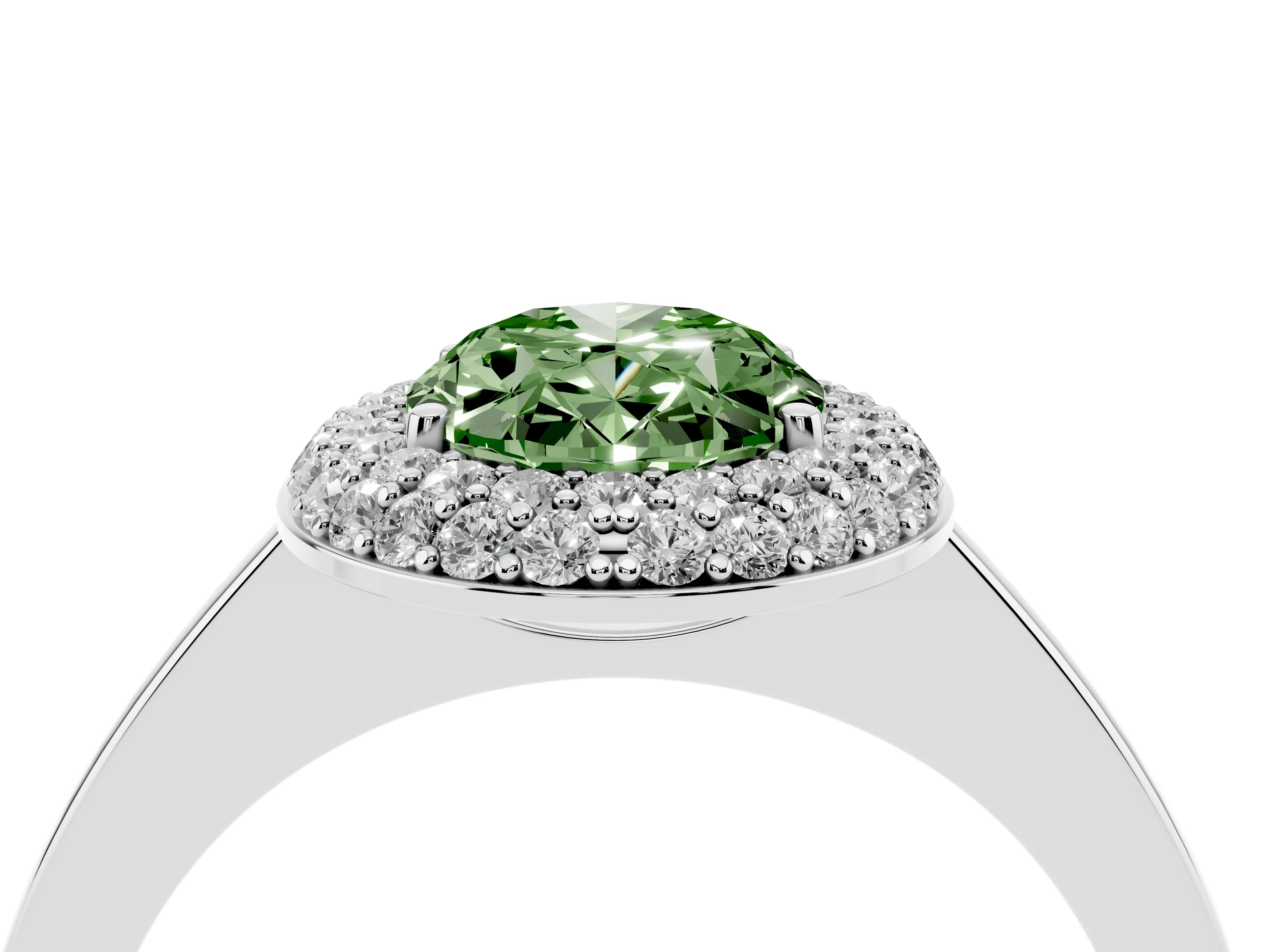 Fancy Green Oval Cut Diamond Halo Engagement Ring Set in Silver with Solitaire Band and Prong Setting