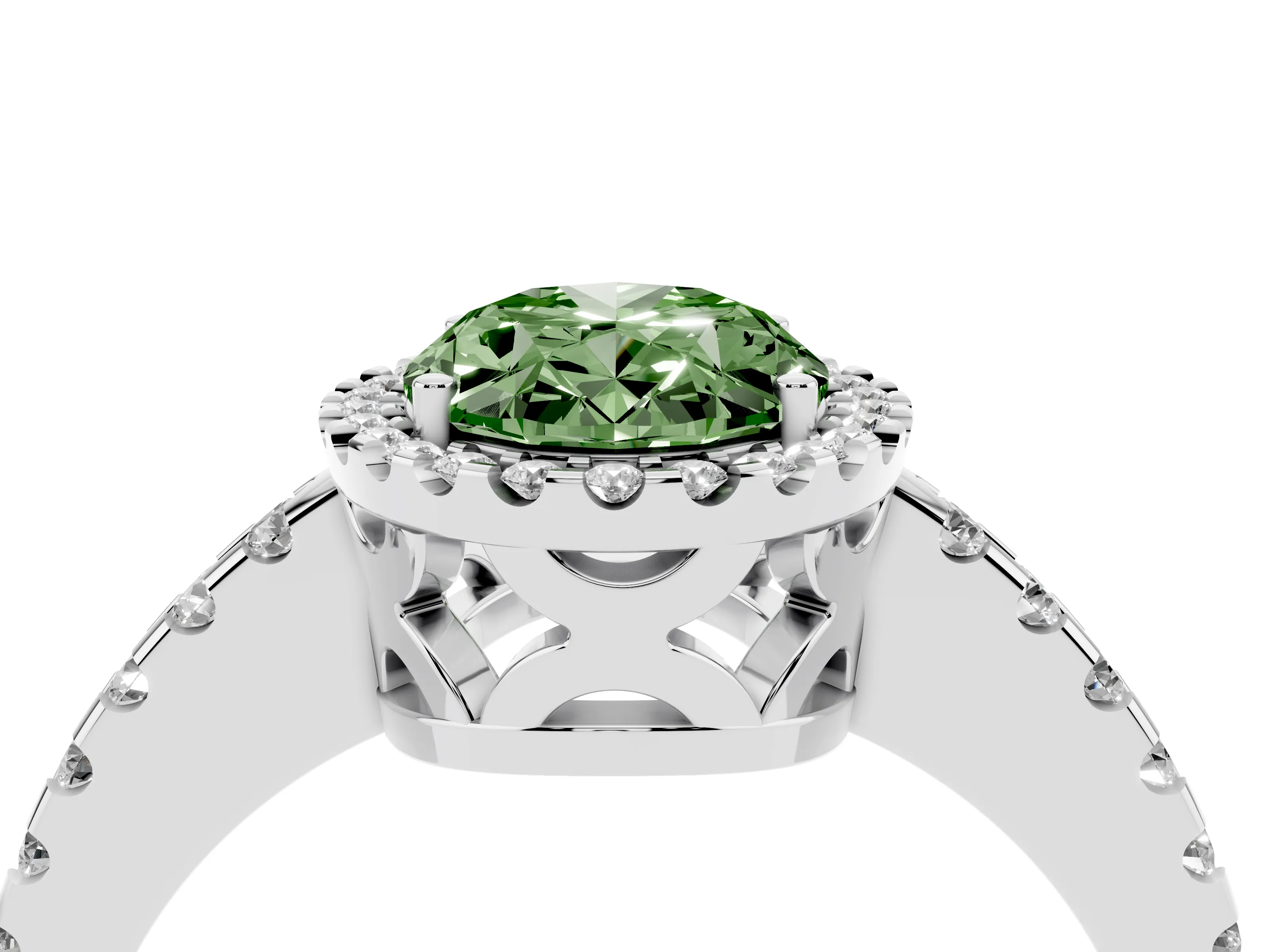 Fancy Green Oval Cut Diamond Halo Ring Set in White gold with Pavé Shoulders and Halo-Framed Center