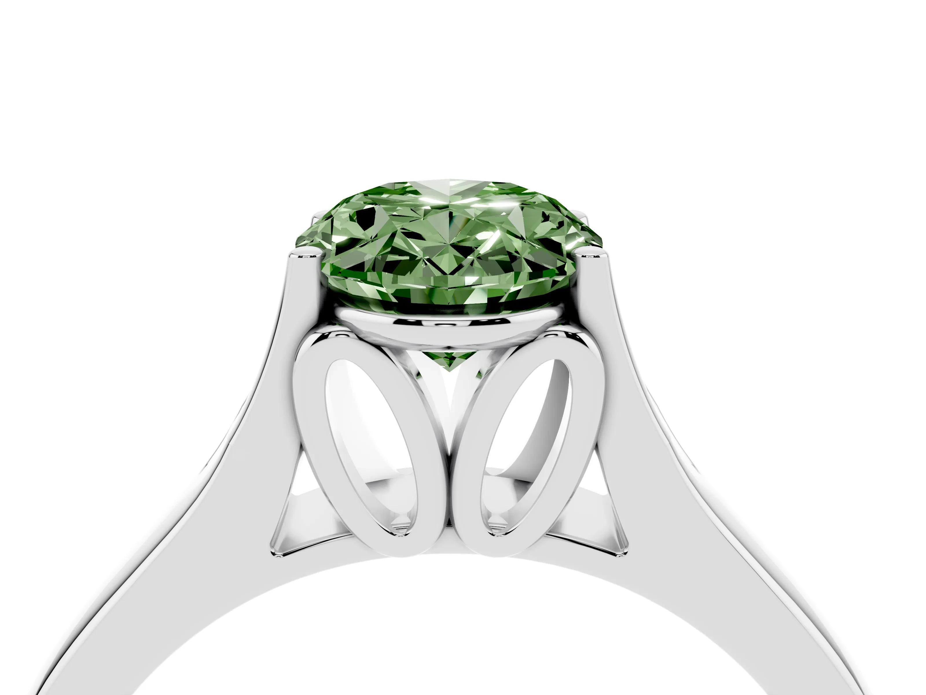 Fancy Green Oval Cut Diamond Solitaire Ring Set in White gold with Arched Cathedral Band and Prong Setting