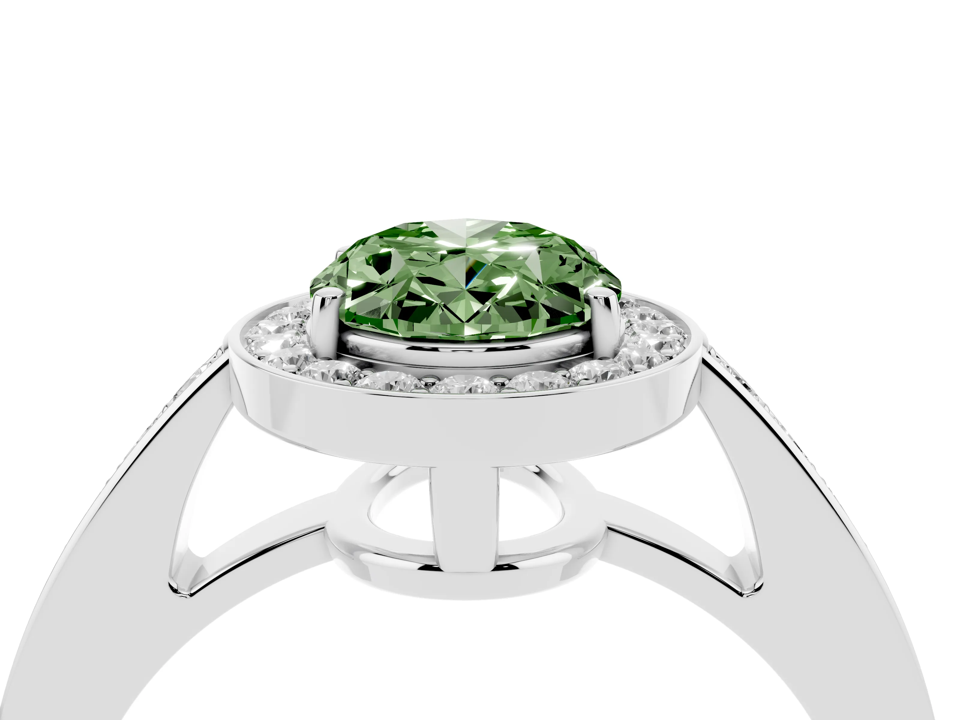 Fancy Green Oval Cut Diamond Halo Pavé Engagement Ring Set in White gold with Bezel Setting