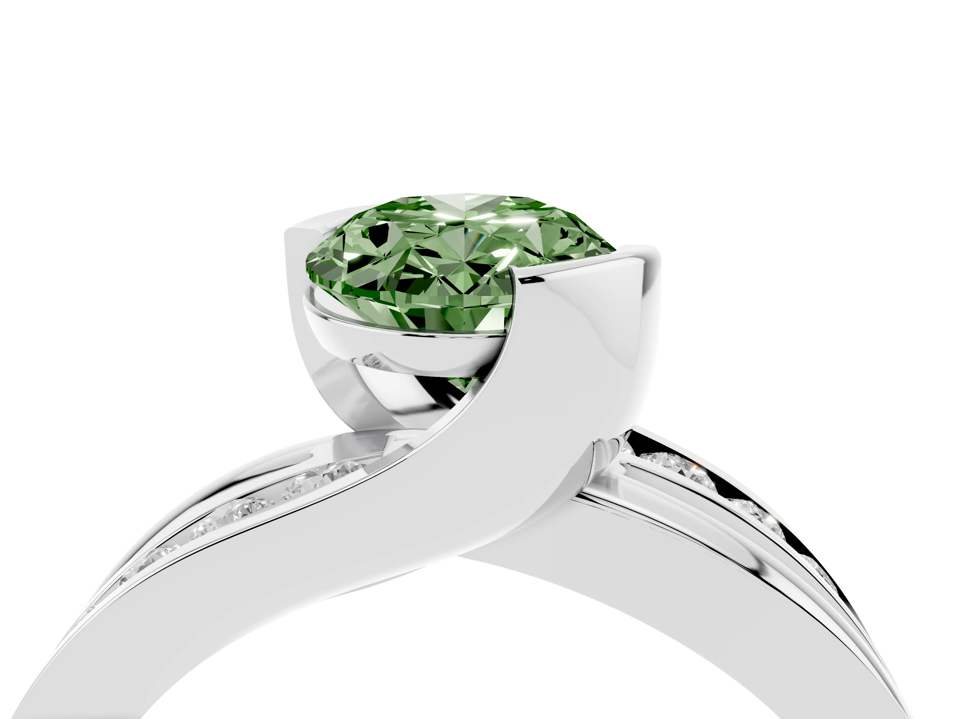 Fancy Green Oval Cut Diamond Solitaire Ring Set in Silver with Channel Set Split Shank and Tension Prongs