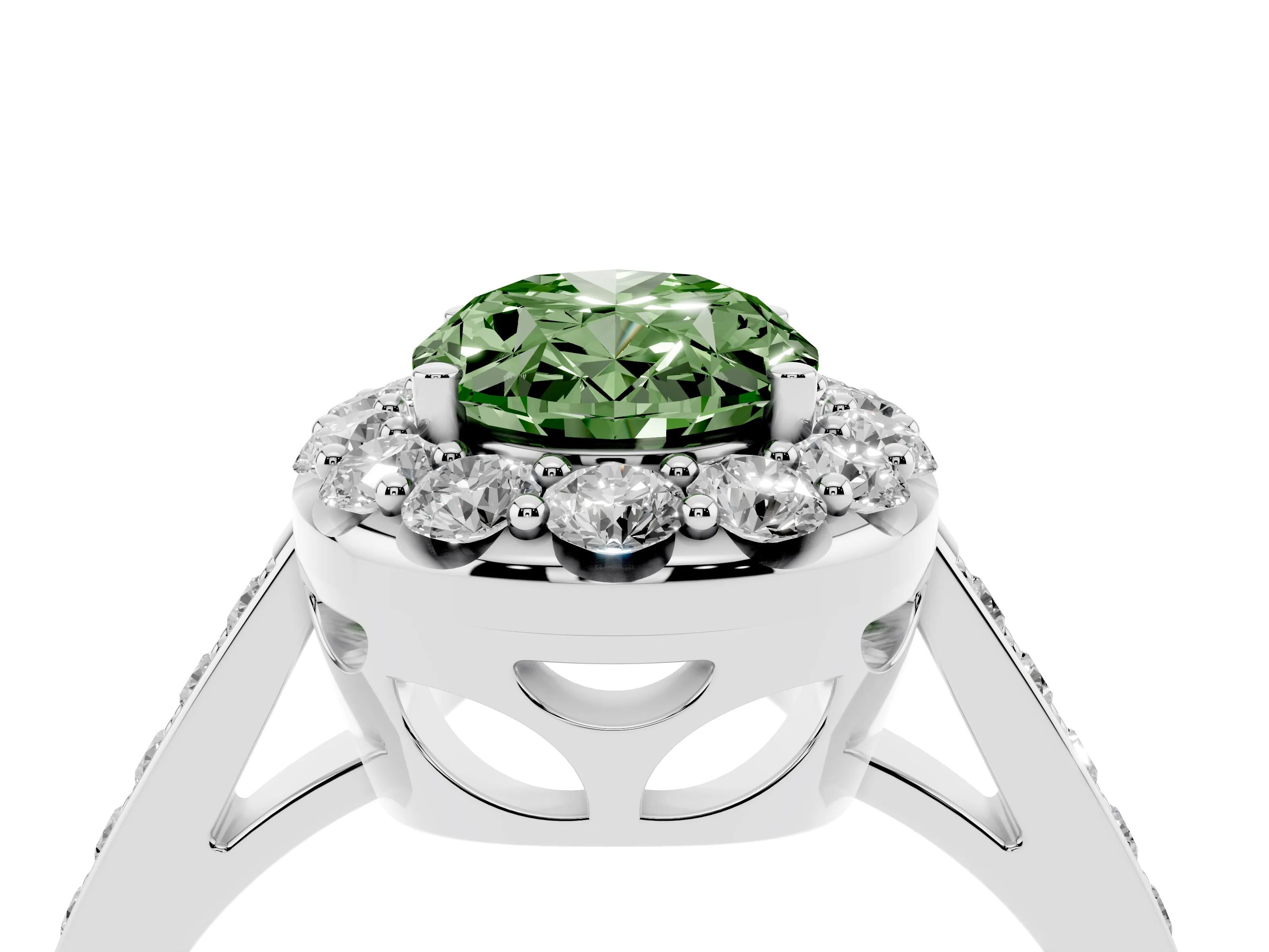 Fancy Green Oval Cut Diamond Floral Halo Ring Set in White gold with Pavé Band and Prong Setting