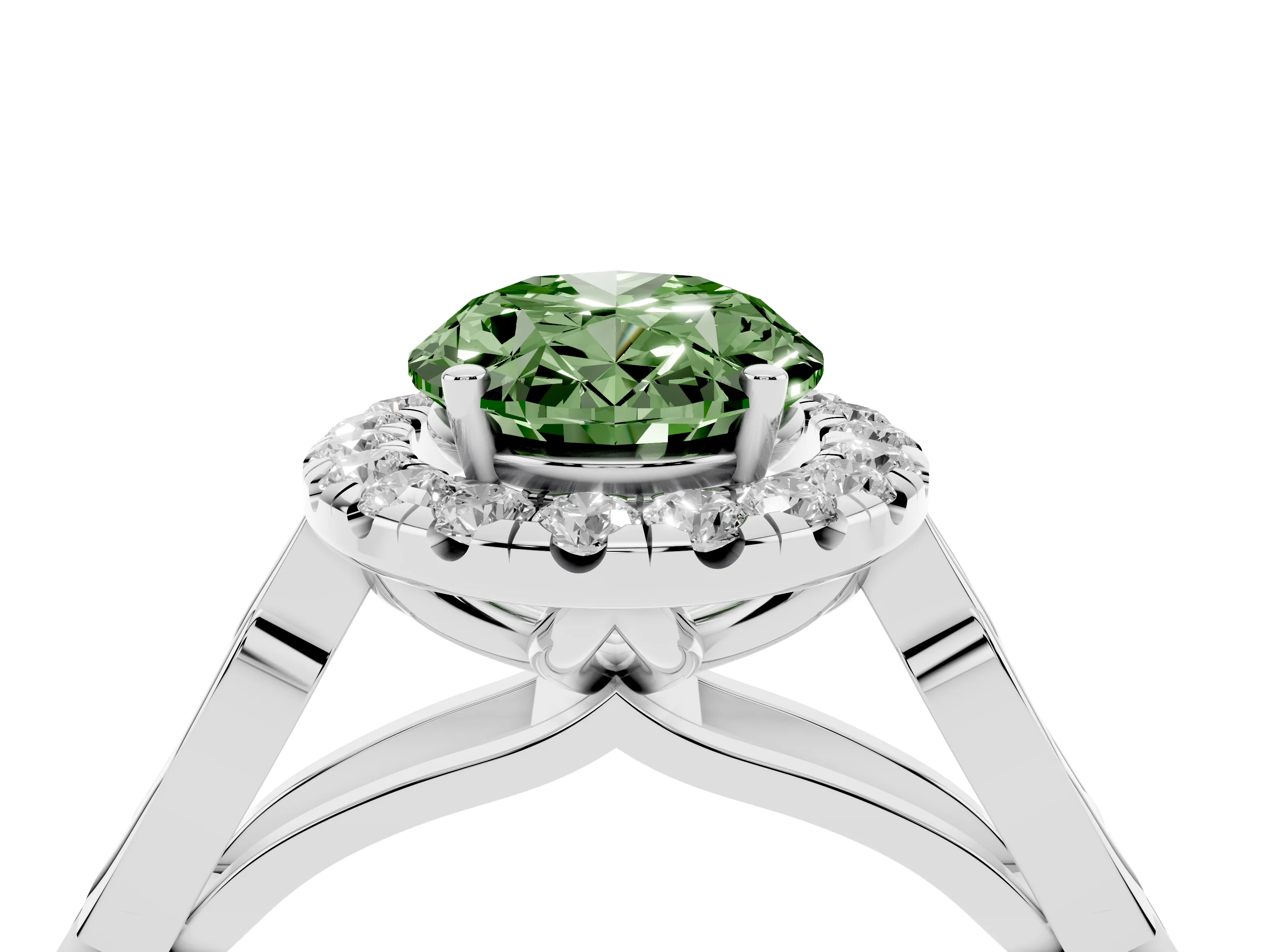 Fancy Green Oval Cut Diamond Halo Engagement Ring Set in Platinum with Filigree Band and Prong-Set Center