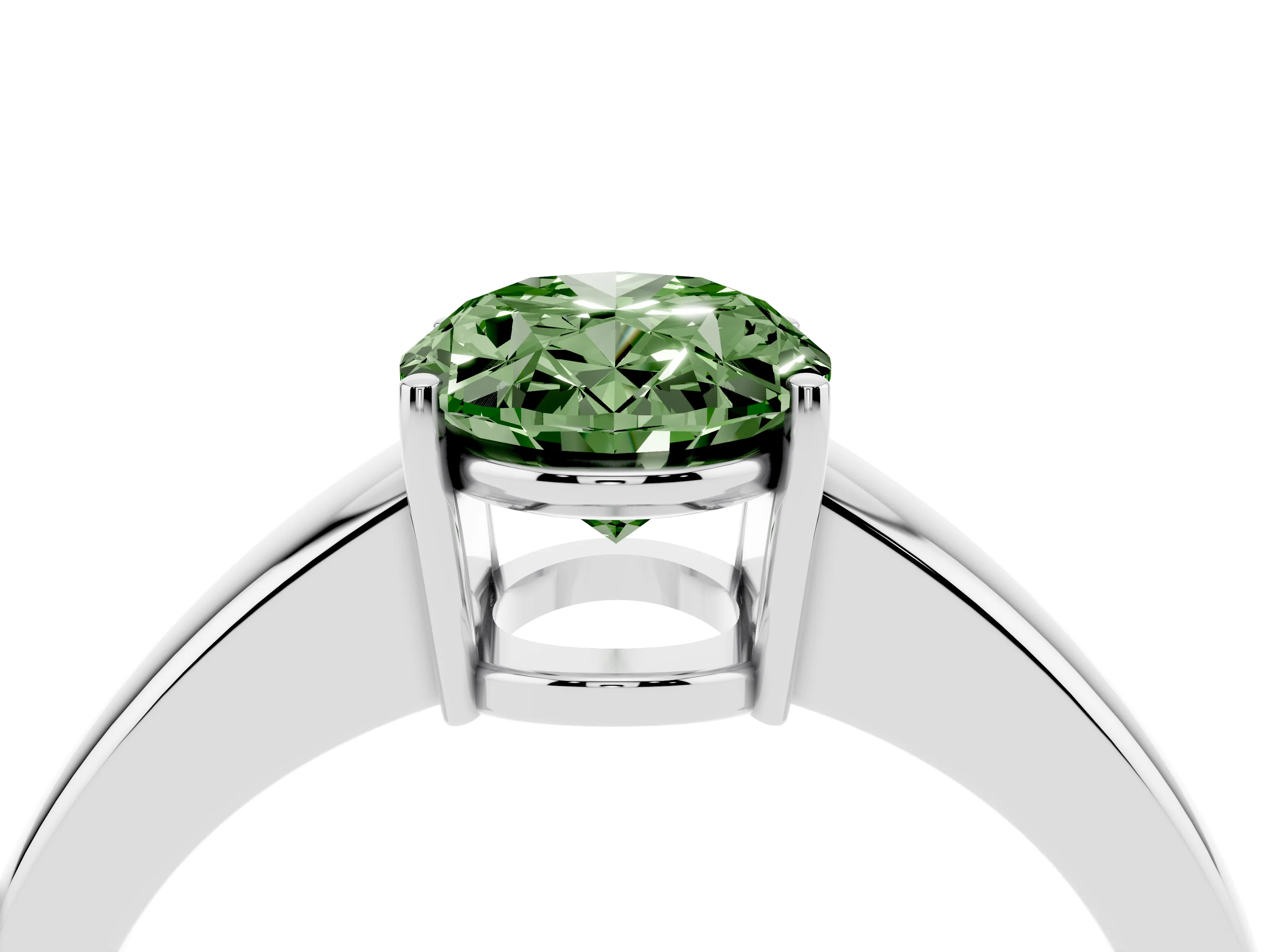 Fancy Green Oval Cut Diamond Solitaire Ring Set in Platinum with Tapered Band and Prong Setting