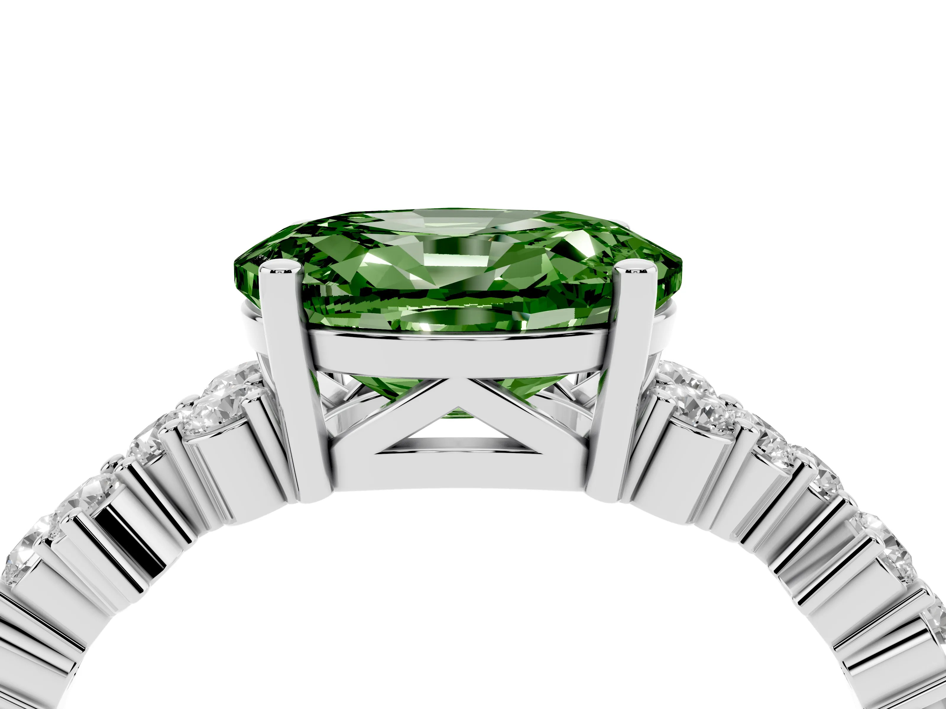 Fancy Green Oval Cut Diamond Ring Set in Silver with Scattered Round Accents