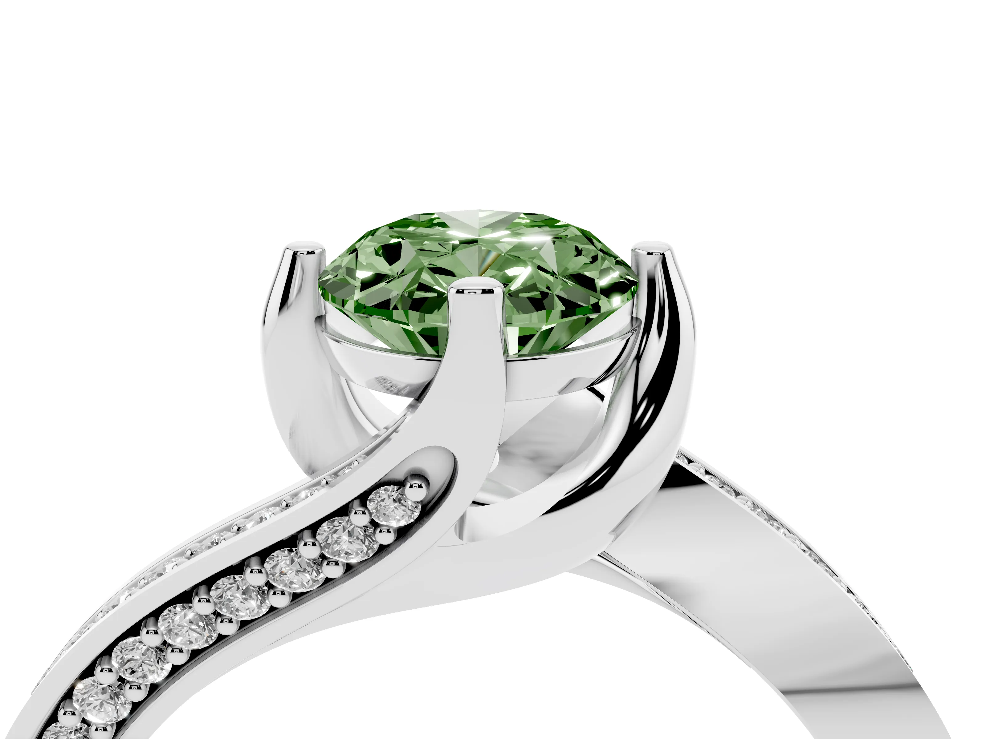 Fancy Green Oval Cut Diamond Solitaire Ring Set in Silver with Intertwined Pavé Twist Band