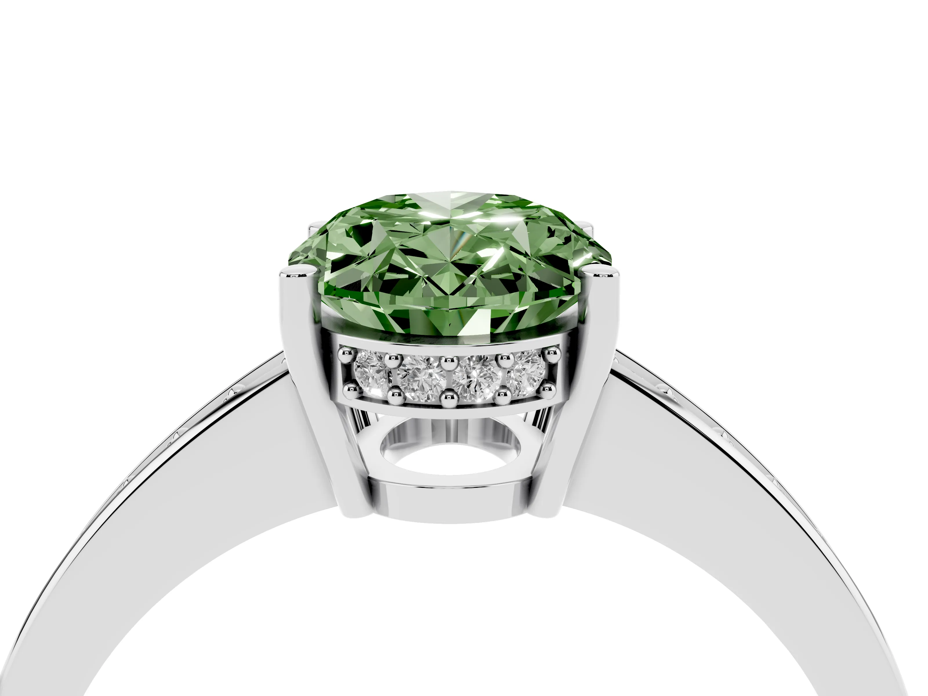 Fancy Green Oval Cut Diamond Pavé Band Prong Set Solitaire Ring Set in Platinum