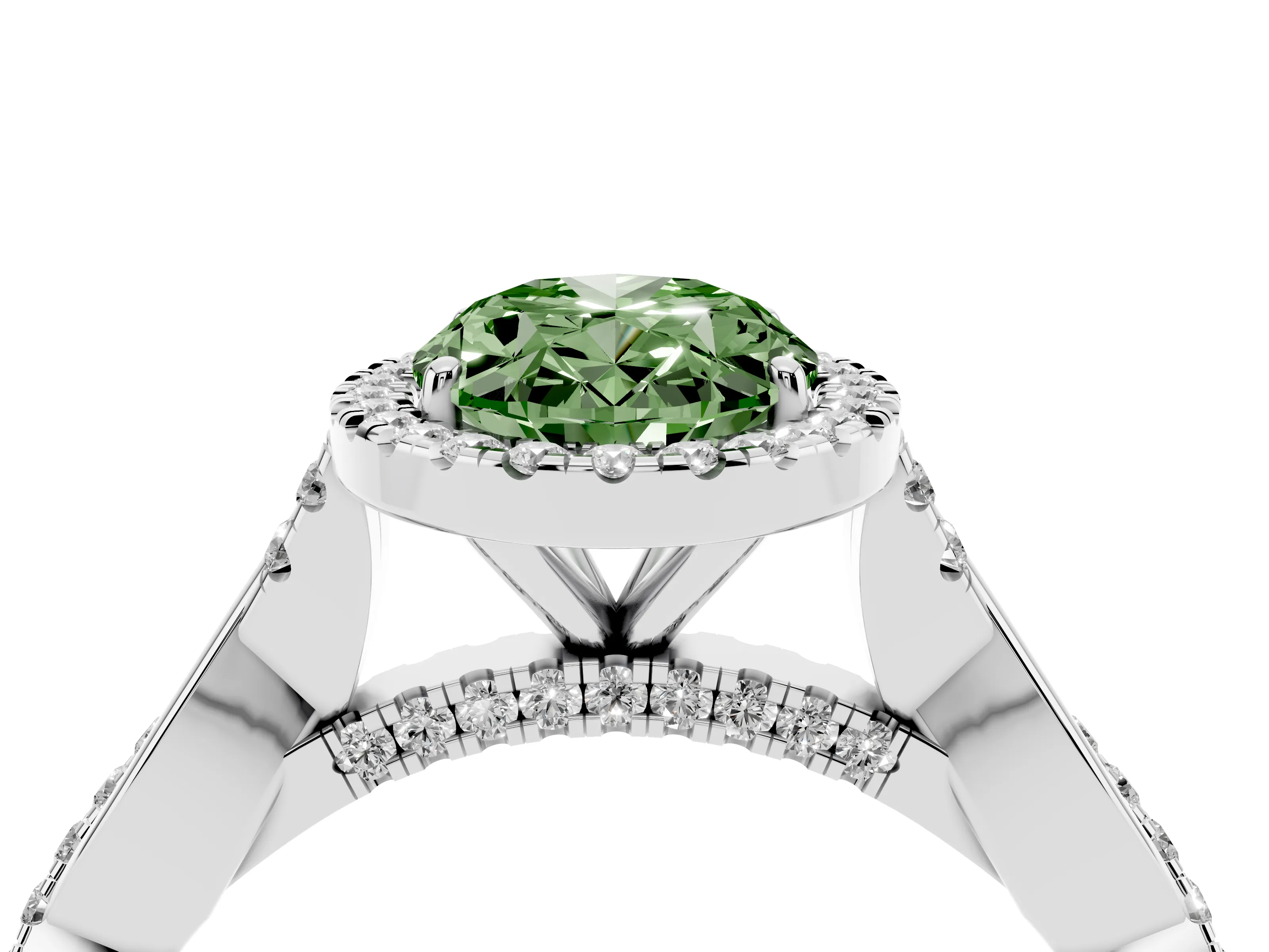 Fancy Green Oval Cut Diamond Halo Twist Band Solitaire Ring Set in White gold with Prong Setting