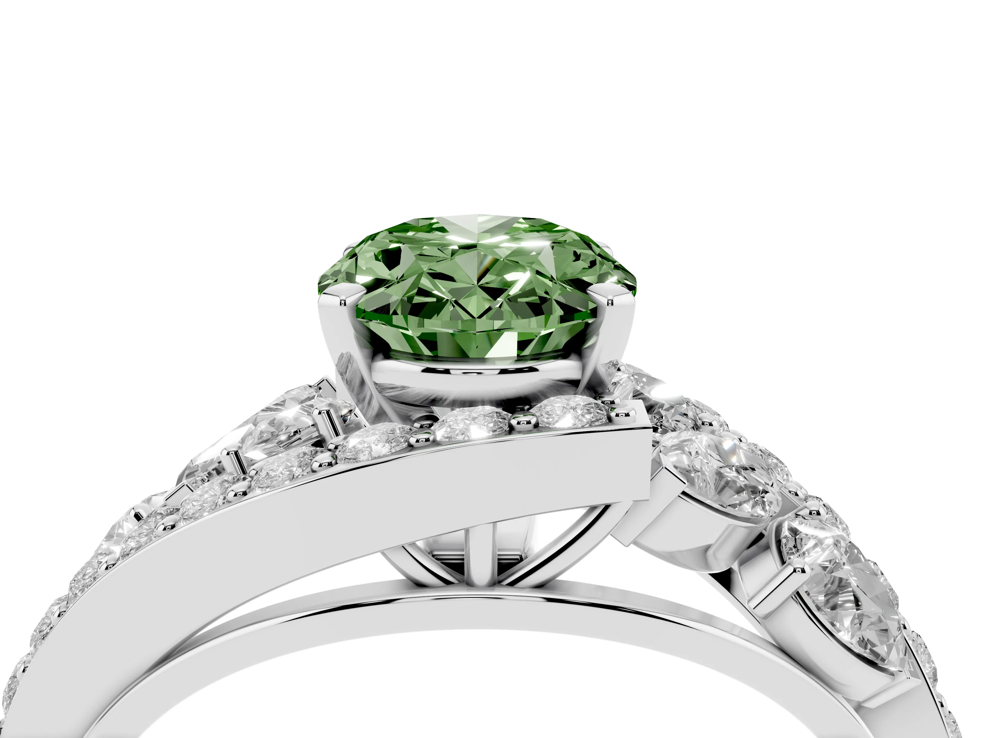 Fancy Green Oval Cut Diamond Halo Ring Set in Platinum with Marquise and Pavé Band in Prong Setting