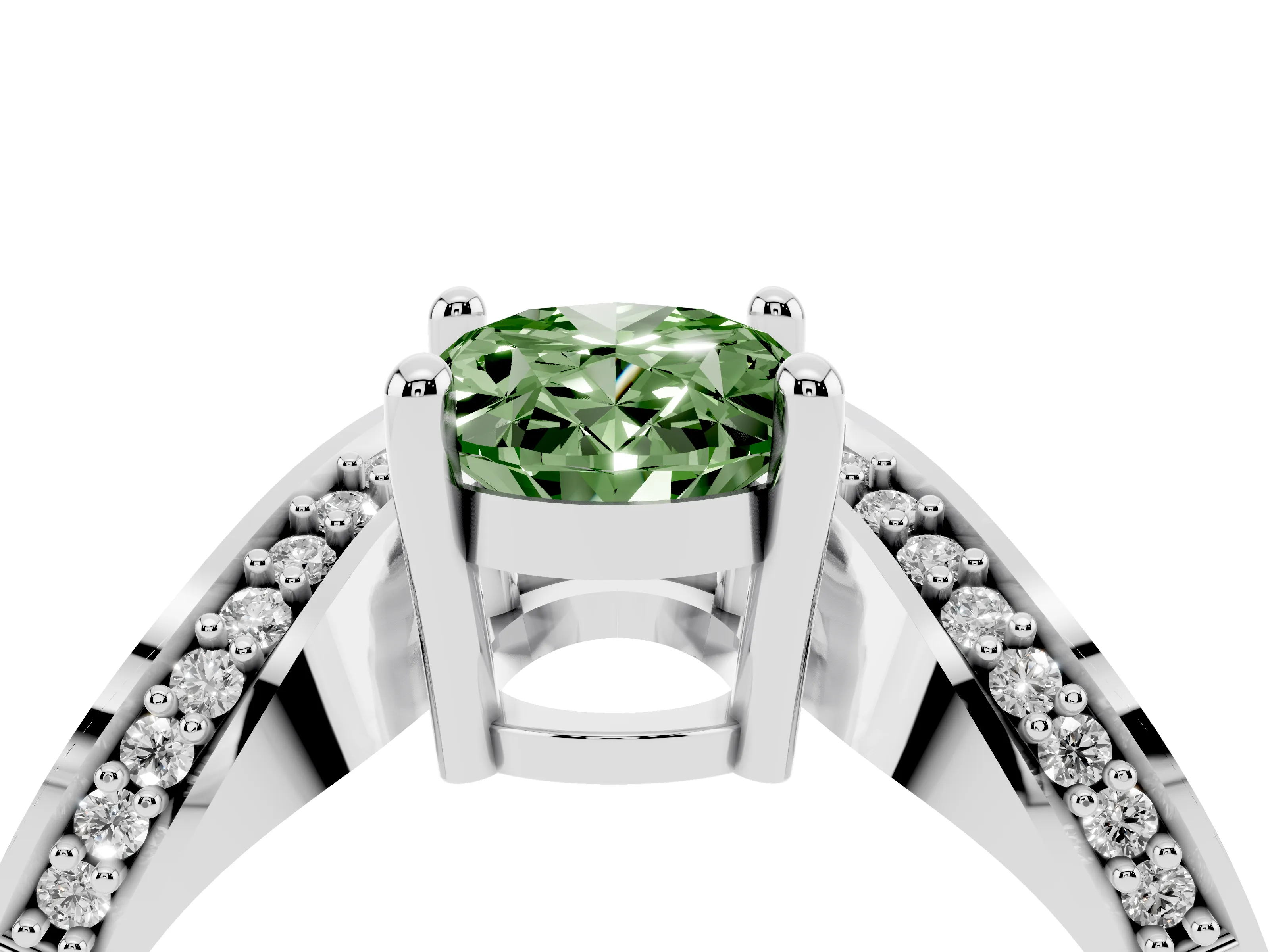 Fancy Green Oval Cut Diamond Solitaire Engagement Ring Set in Silver with Pavé Shoulders
