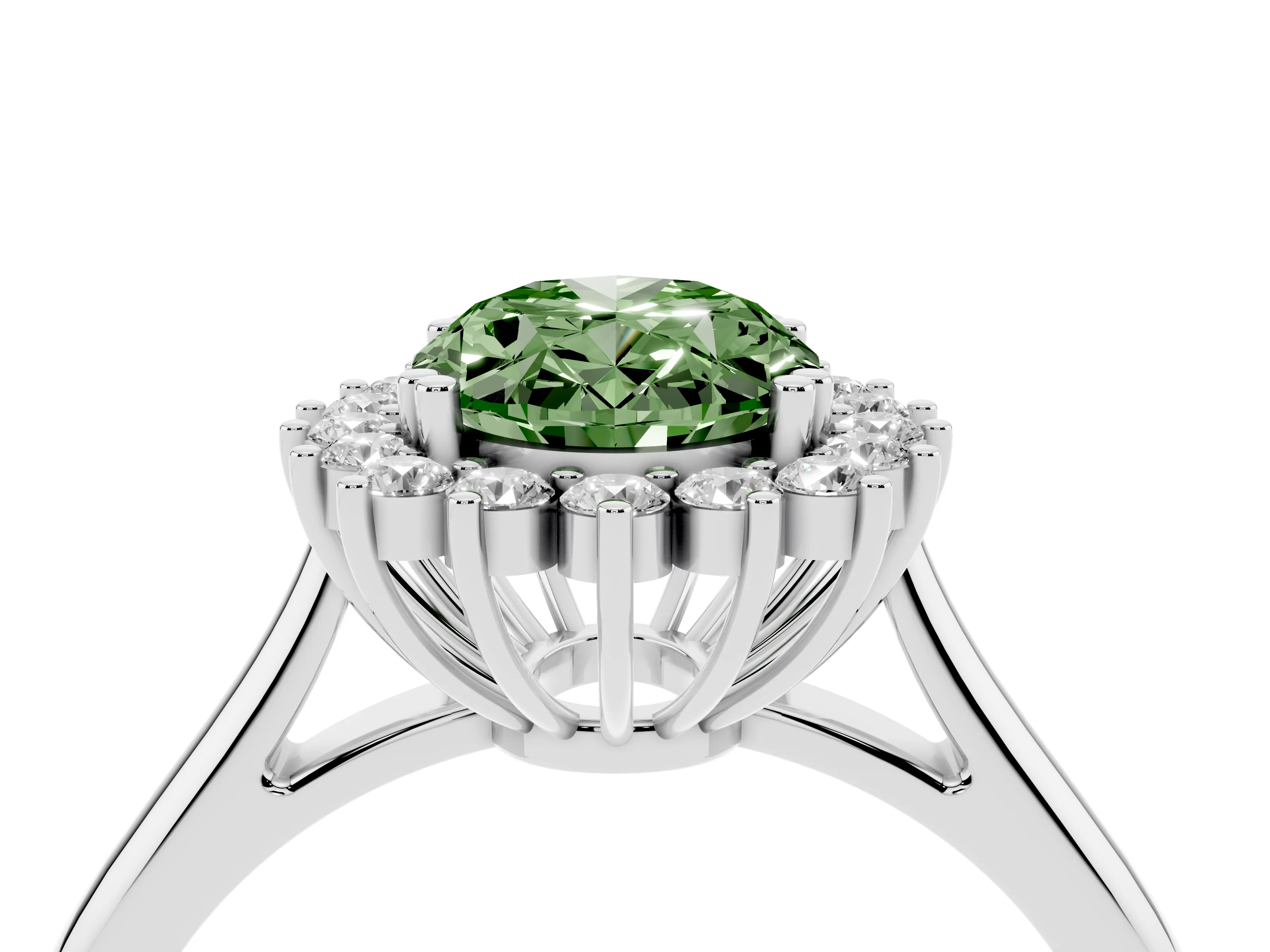 Fancy Green Oval Cut Diamond Halo Ring Set in Silver with Plain Solitaire Band and Prong Setting