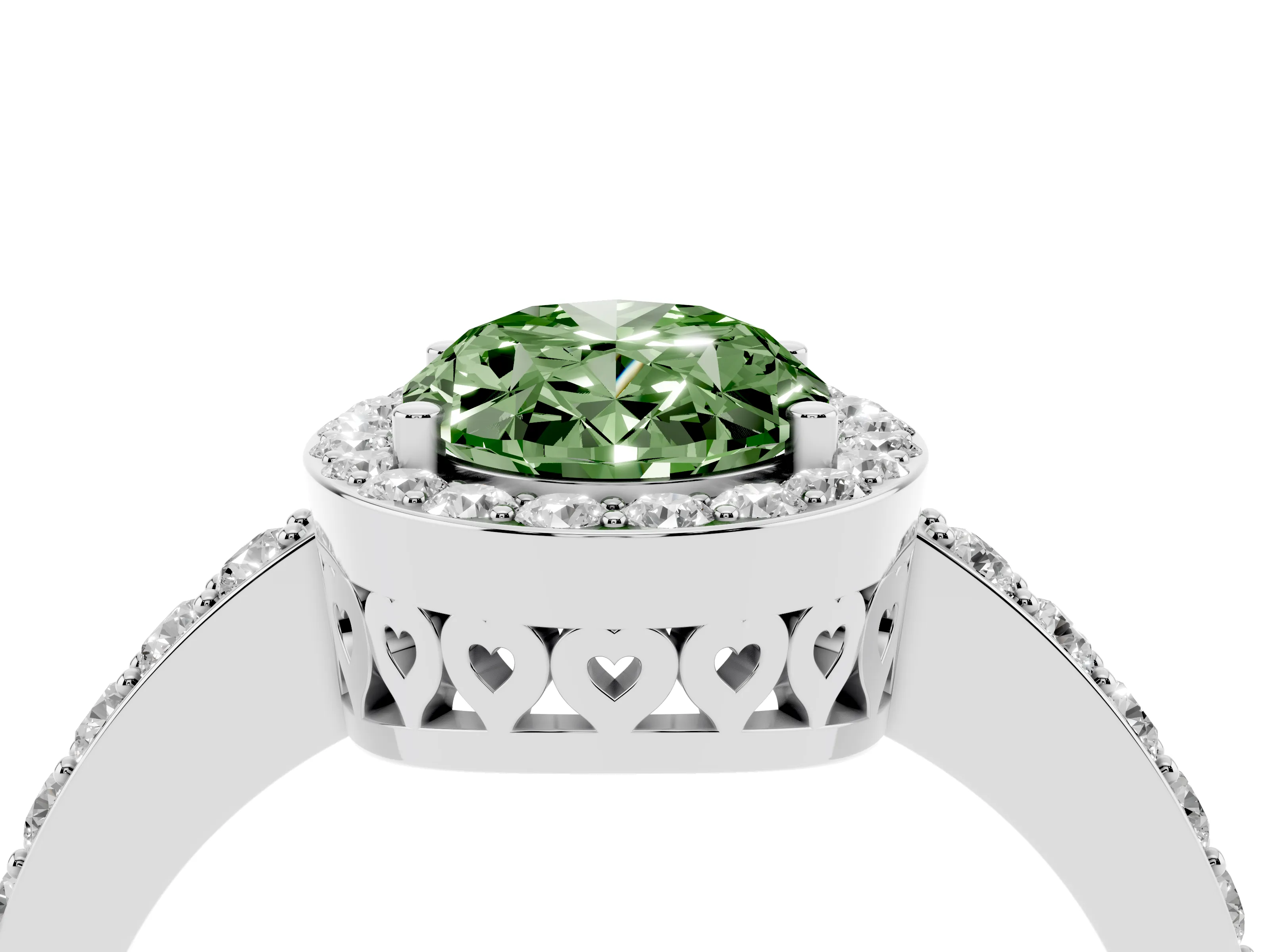 Fancy Green Oval Cut Diamond Halo Ring Set in White gold with Pavé-Setting Band and Open Prong Center