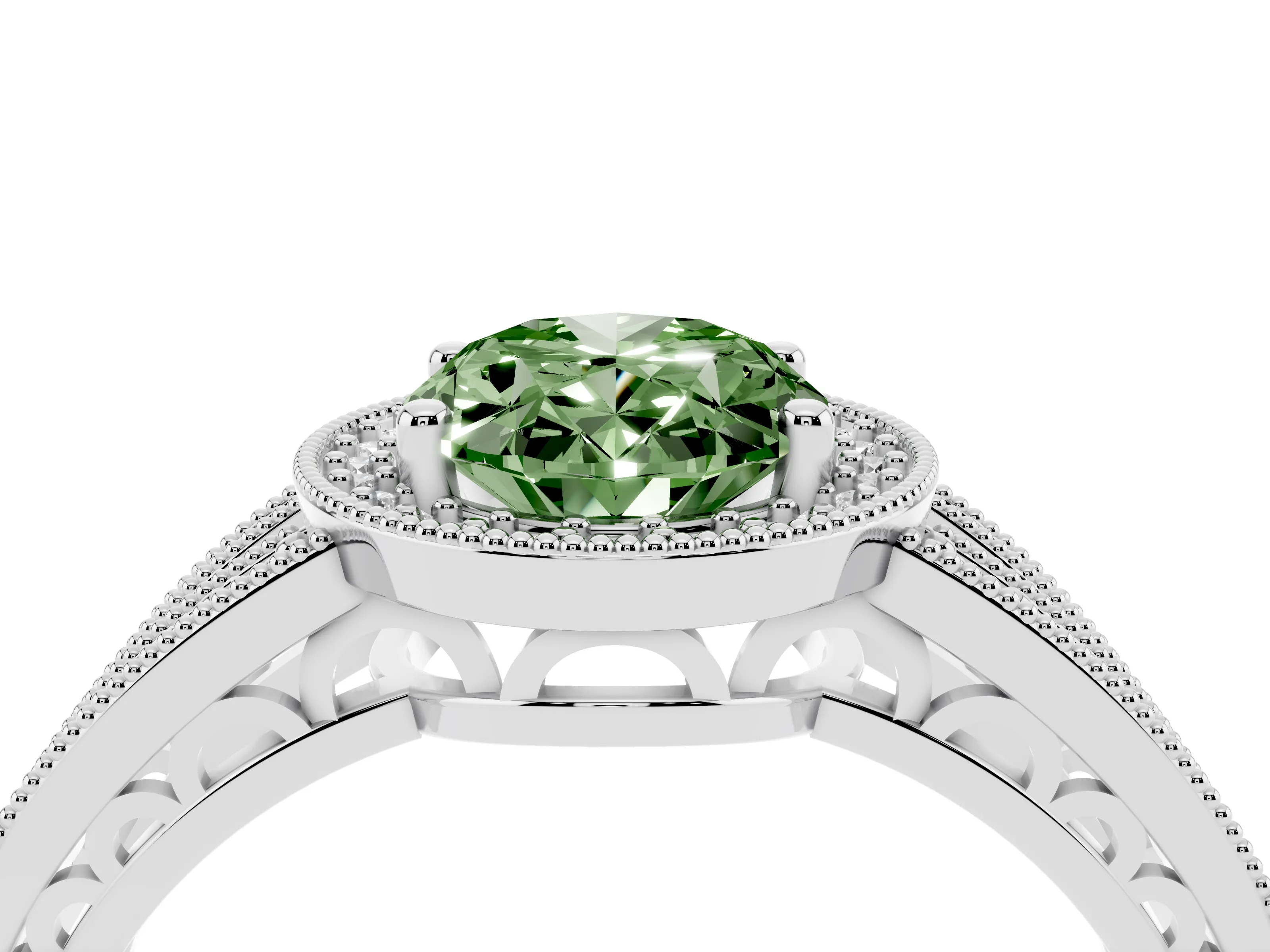 Fancy Green Oval Cut Diamond Halo Ring Set in White gold with Accent Split Shank and Prong Setting