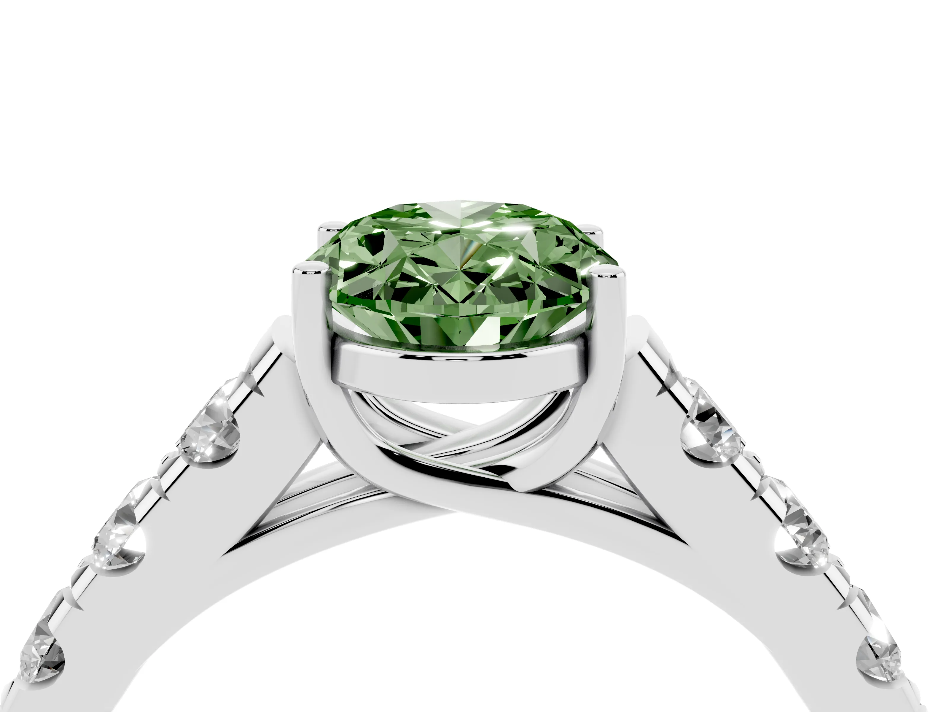 Fancy Green Oval Cut Diamond Solitaire Ring Set in Silver with Cut-Down Micro Pavé Band and Prong Setting
