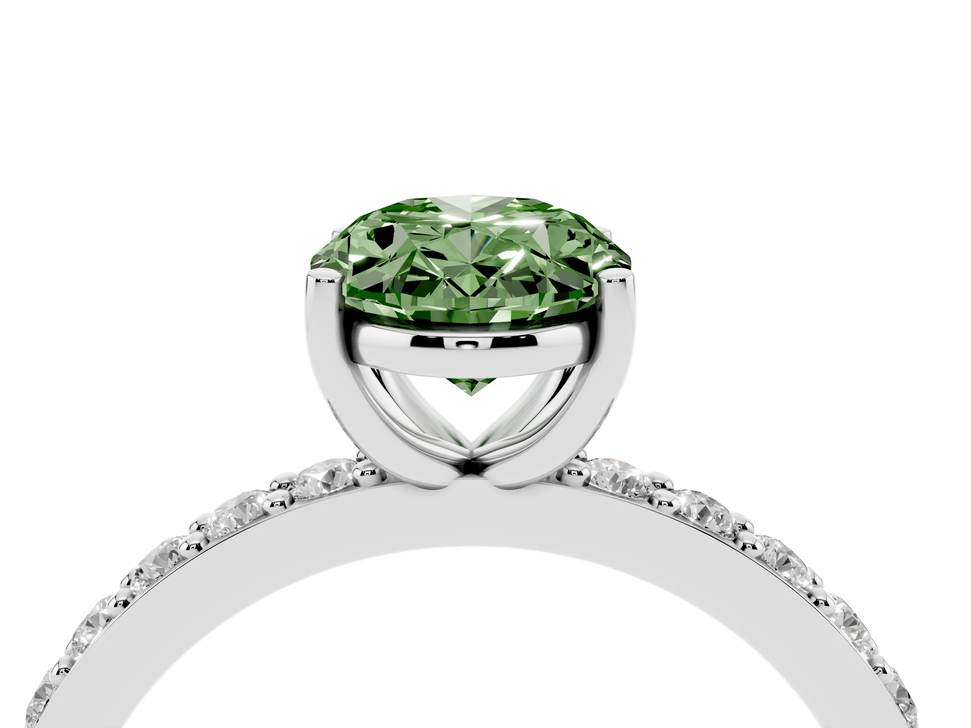 Fancy Green Oval Cut Diamond Solitaire Set in Platinum with Round Pavé Band and Prong Setting