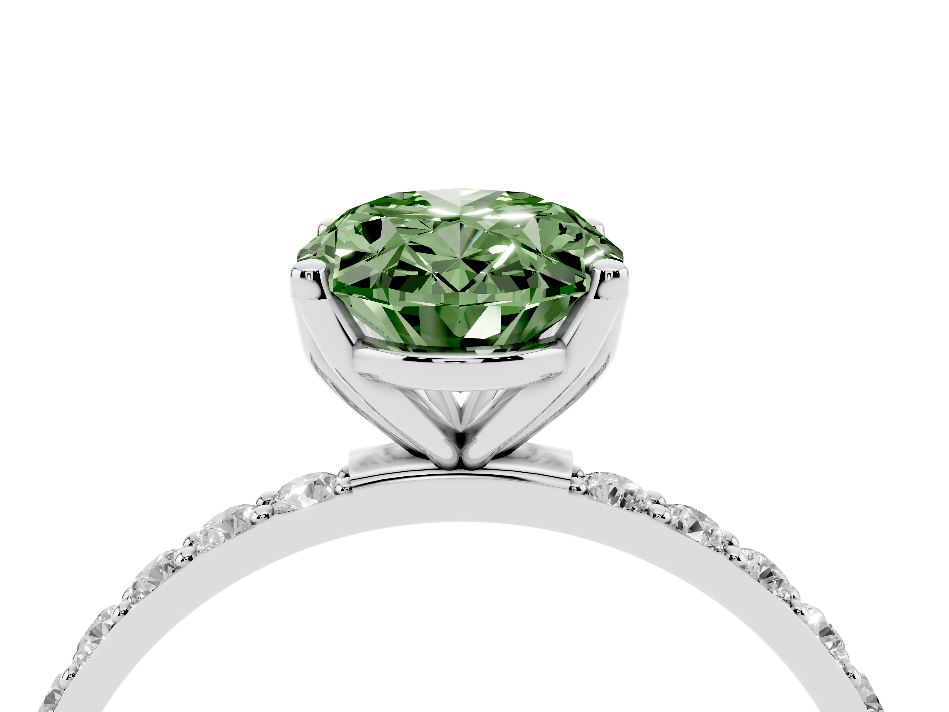 Fancy Green Oval Cut Diamond Solitaire Engagement Ring Set in White gold with Round Pavé Band and Prong Setting