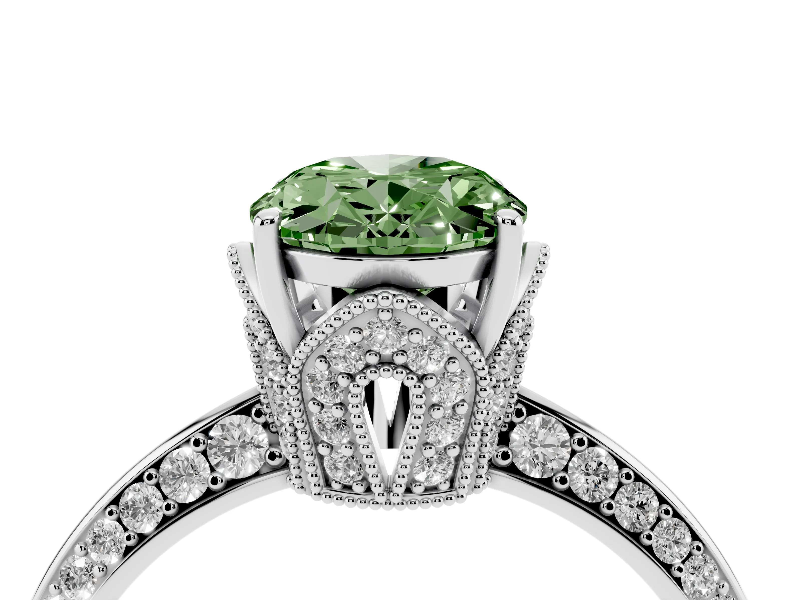 Fancy Green Oval Cut Diamond Solitaire Engagement Ring Set in Silver with Pavé Split Shank and Prong Setting