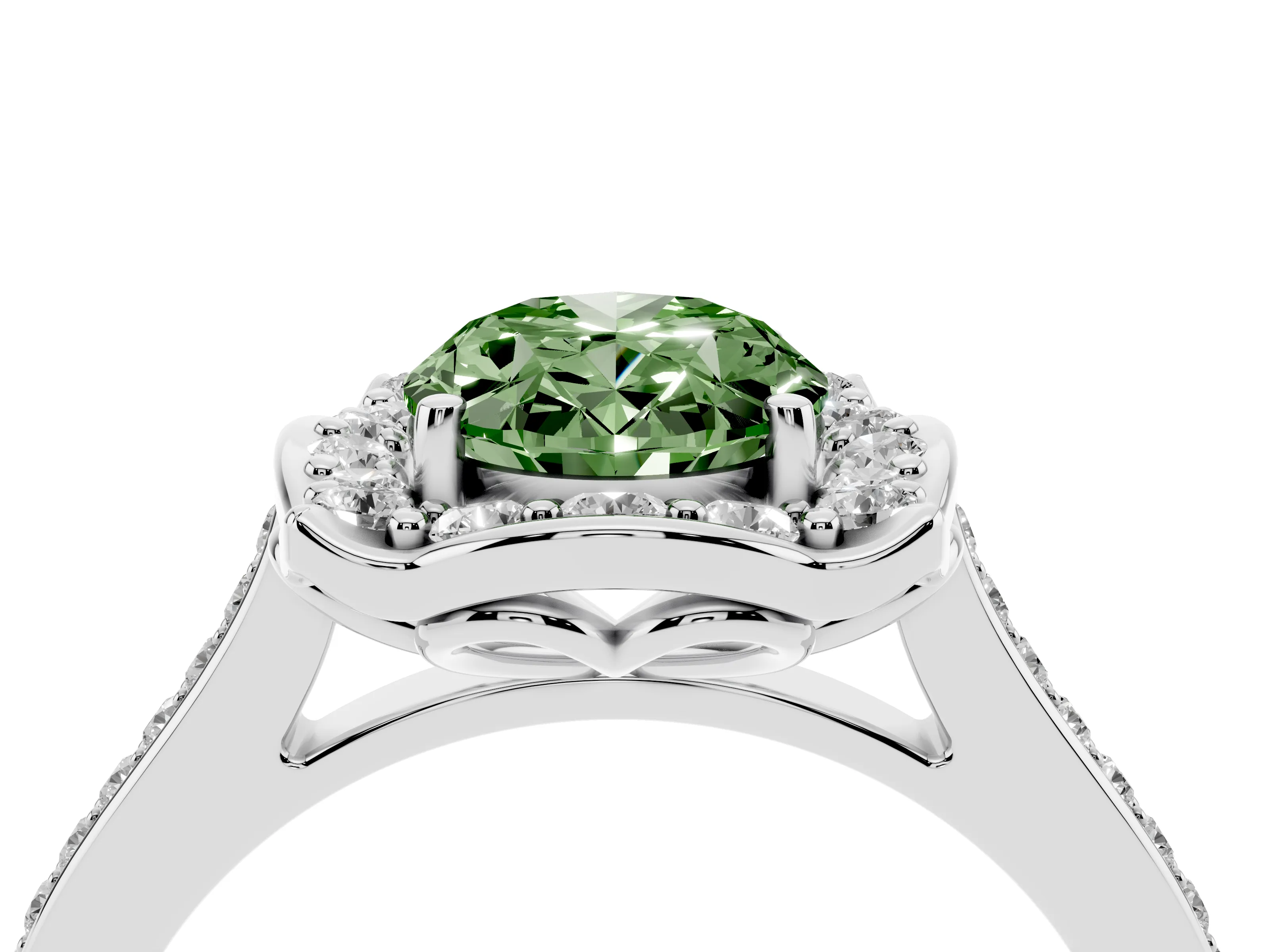 Fancy Green Oval Cut Diamond Halo Ring Set in Silver with Pavé-Lined Shoulders and Prong Setting