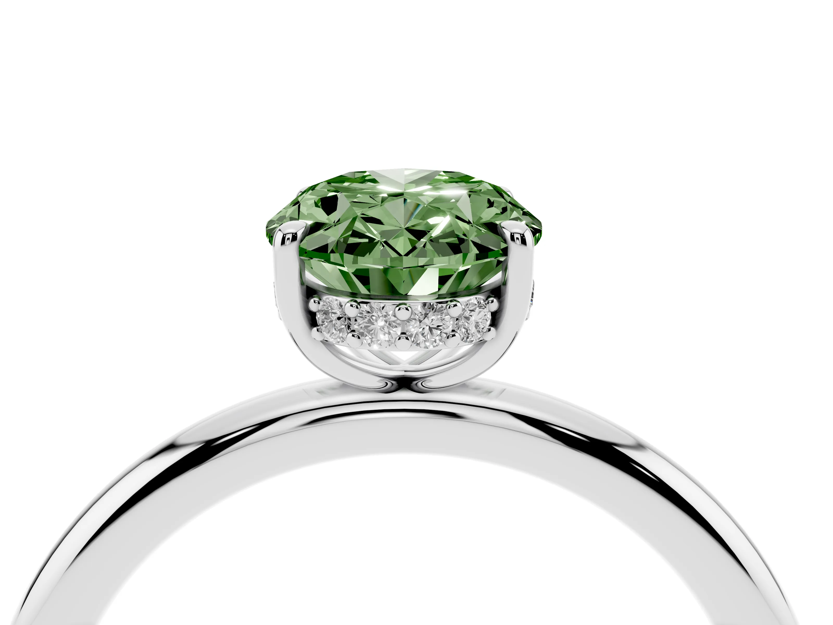 Fancy Green Oval Cut Diamond Solitaire Ring Set in Platinum with Thin Band and Prong Setting
