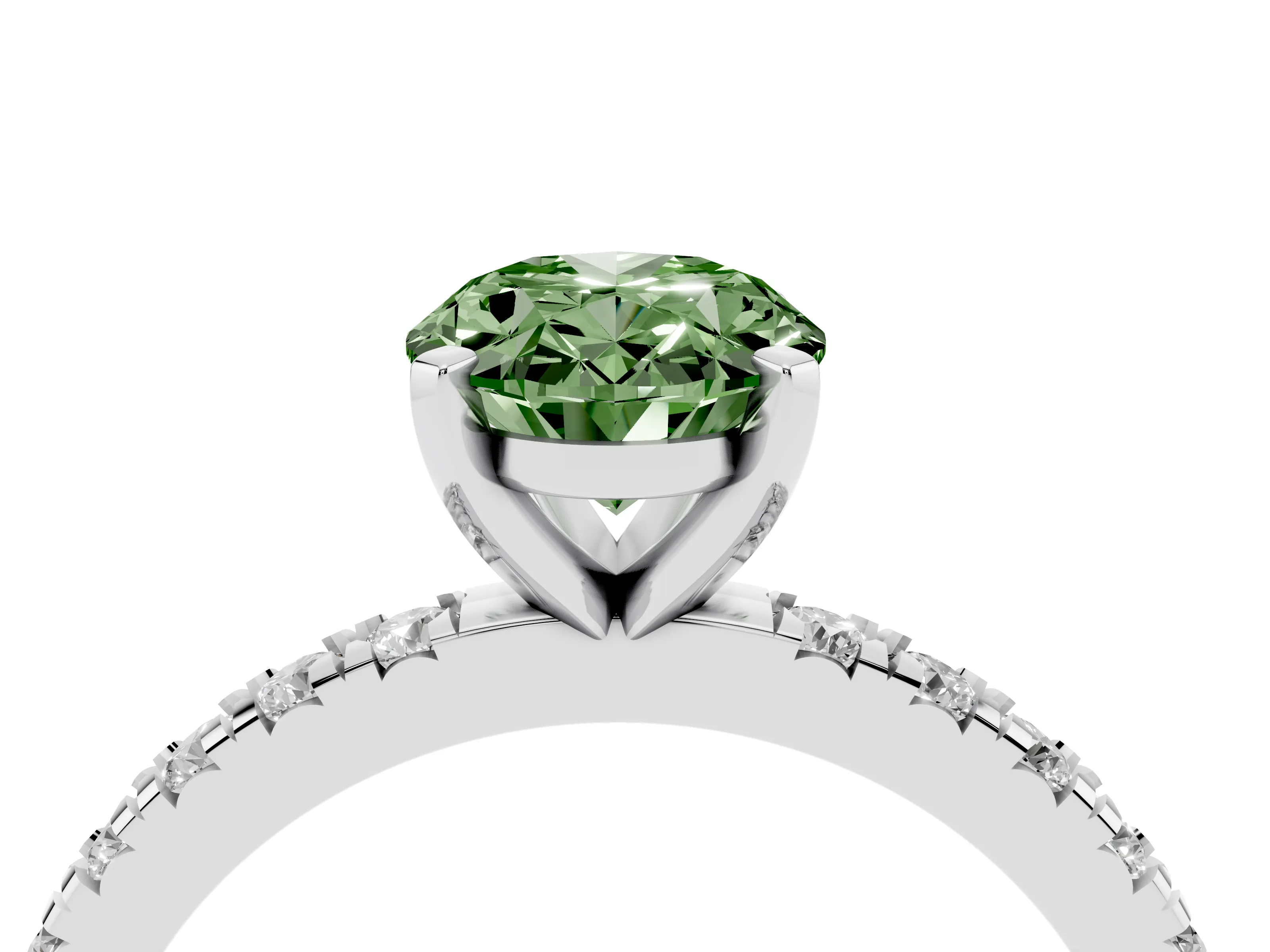 Fancy Green Oval Cut Diamond Pavé Band Solitaire Set in White gold with Prong Setting