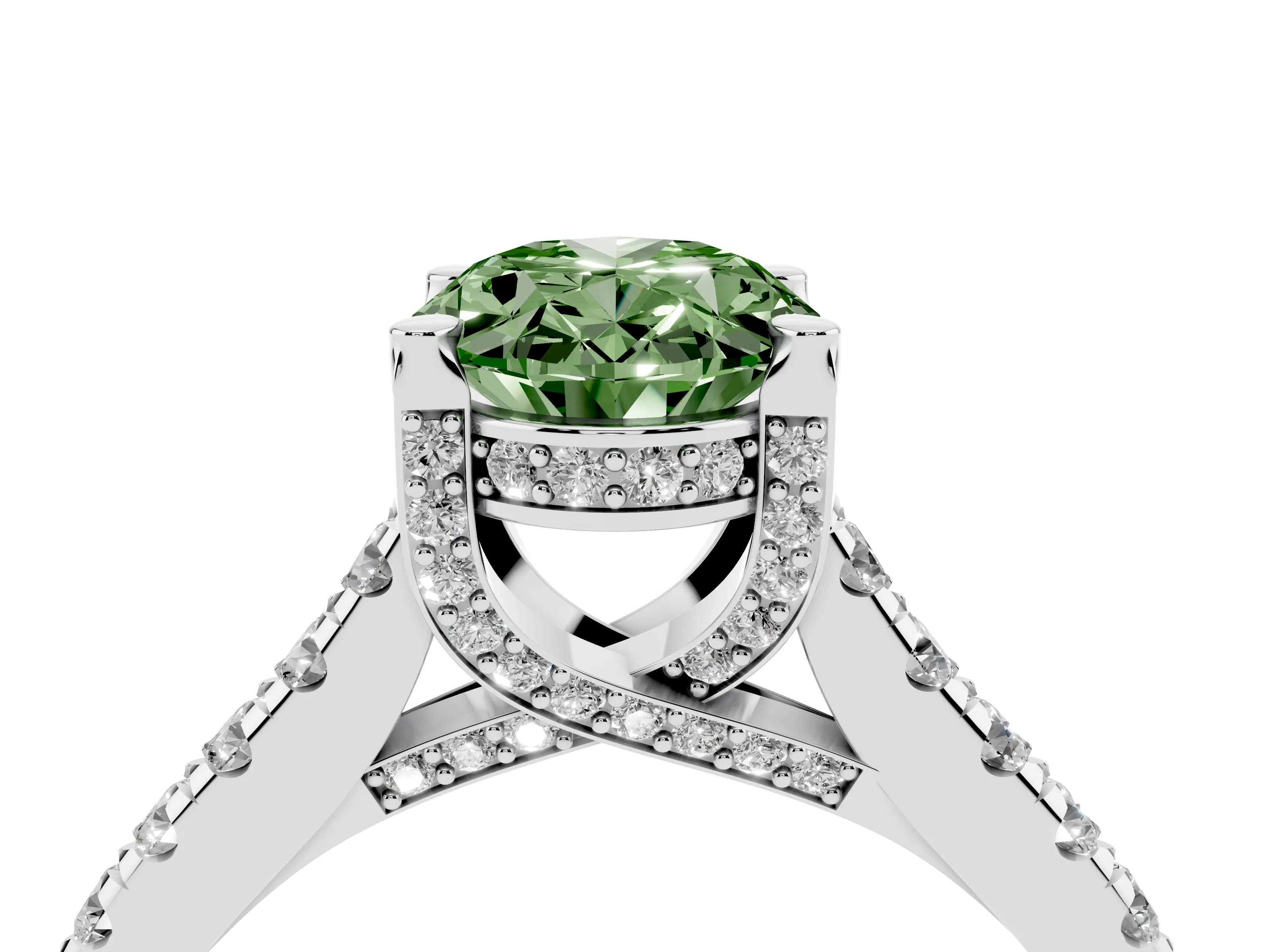 Fancy Green Oval Cut Diamond Solitaire Ring Set in Silver with Brilliant Pavé Band and Prong Setting