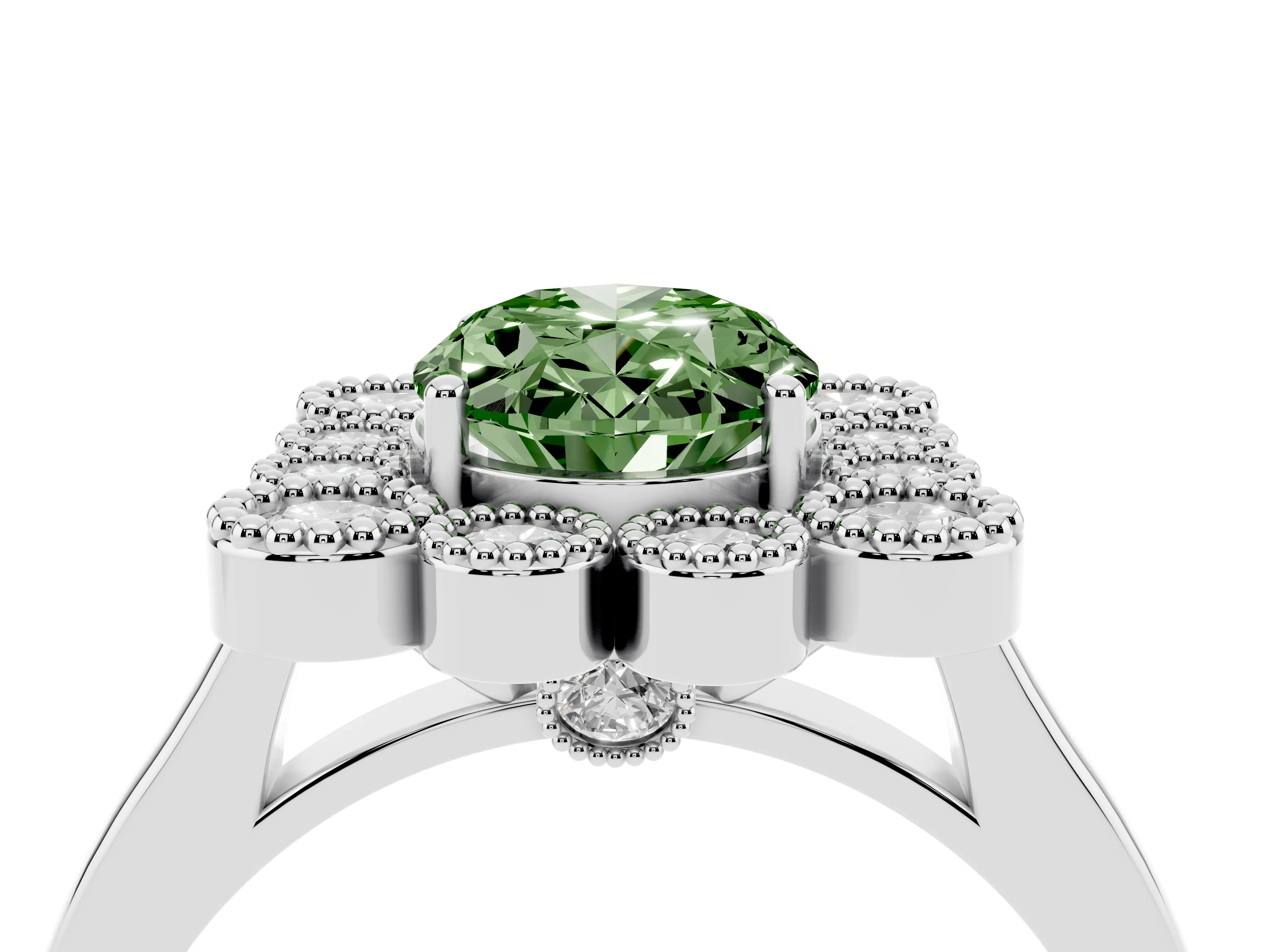 Fancy Green Oval Cut Diamond Cluster Halo Ring Set in White gold with Milgrain Bezel Accents and Plain Band
