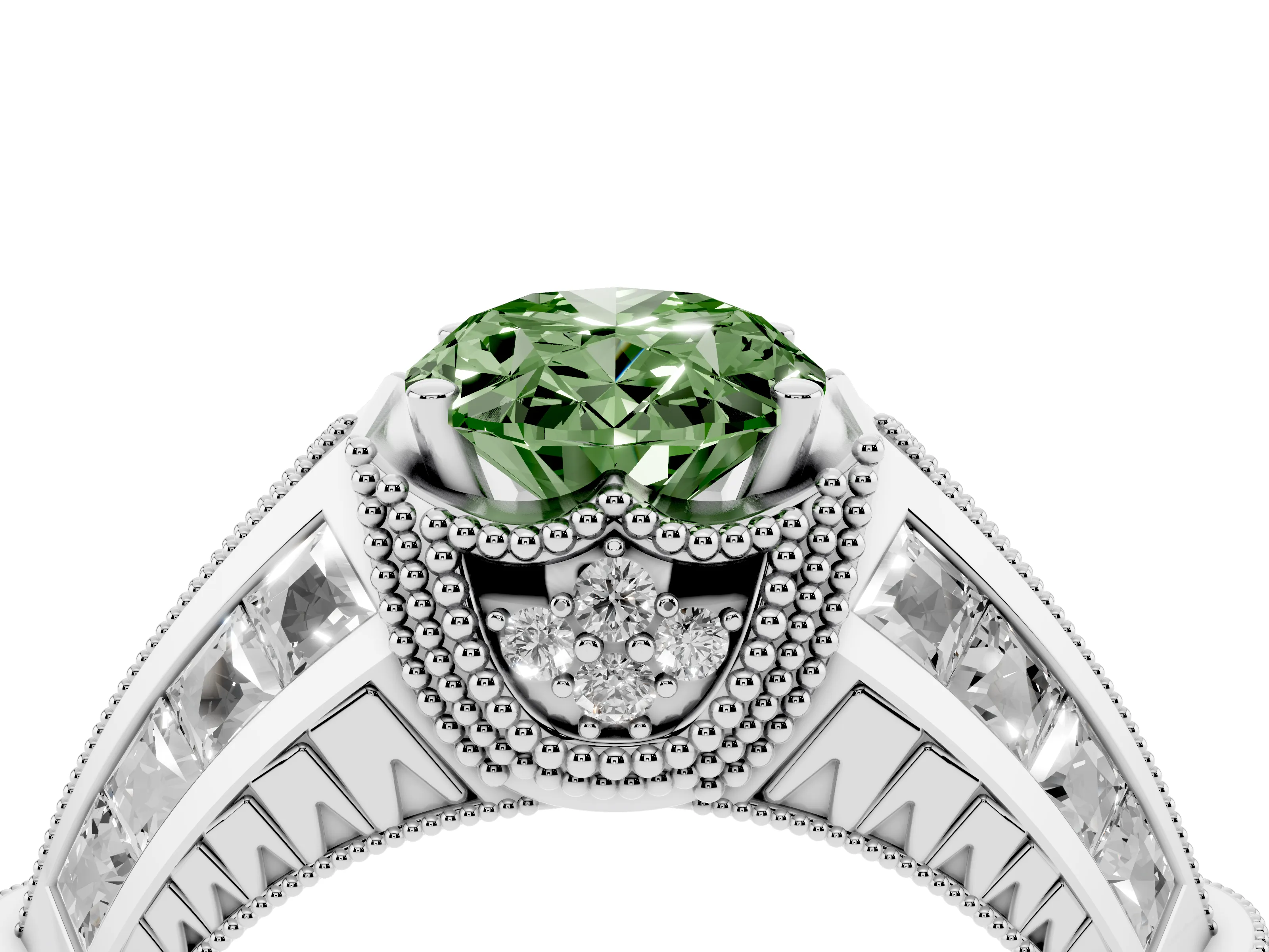 Fancy Green Oval Cut Diamond Vintage-Inspired Milgrain Ring Set in Silver with Accent Split Shank