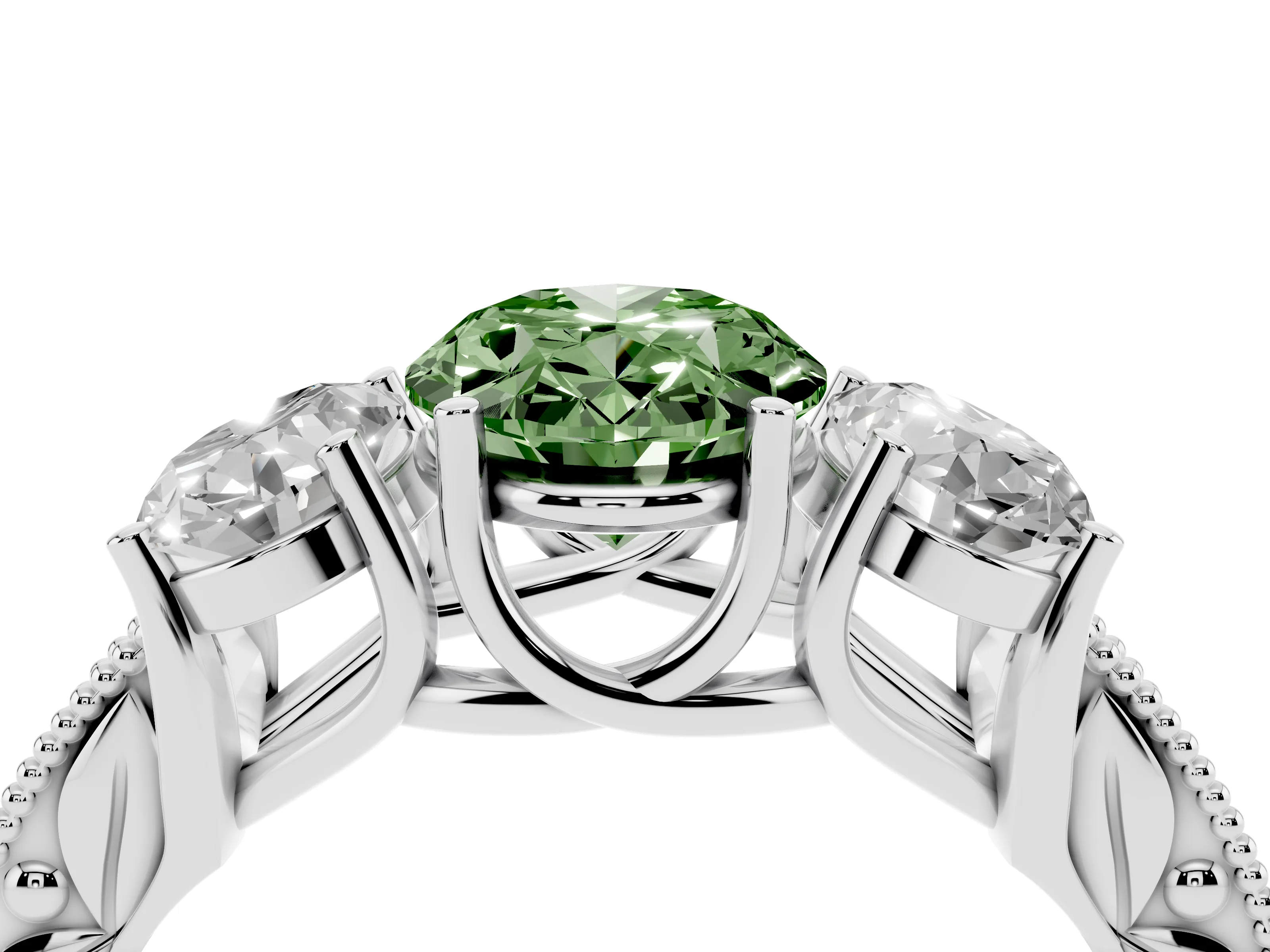 Fancy Green Oval Cut Diamond Three-Stone Engagement Ring Set in Silver with Milgrain Pavé Band