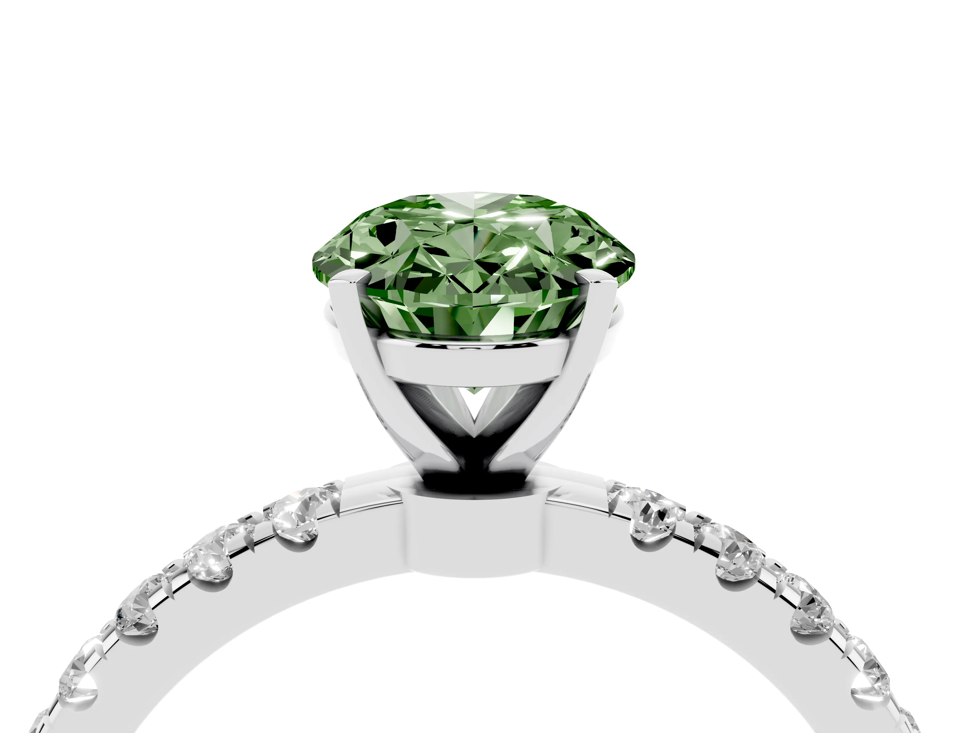 Fancy Green Oval Cut Diamond Solitaire Ring Set in Platinum with Pavé Accents and Prong Setting