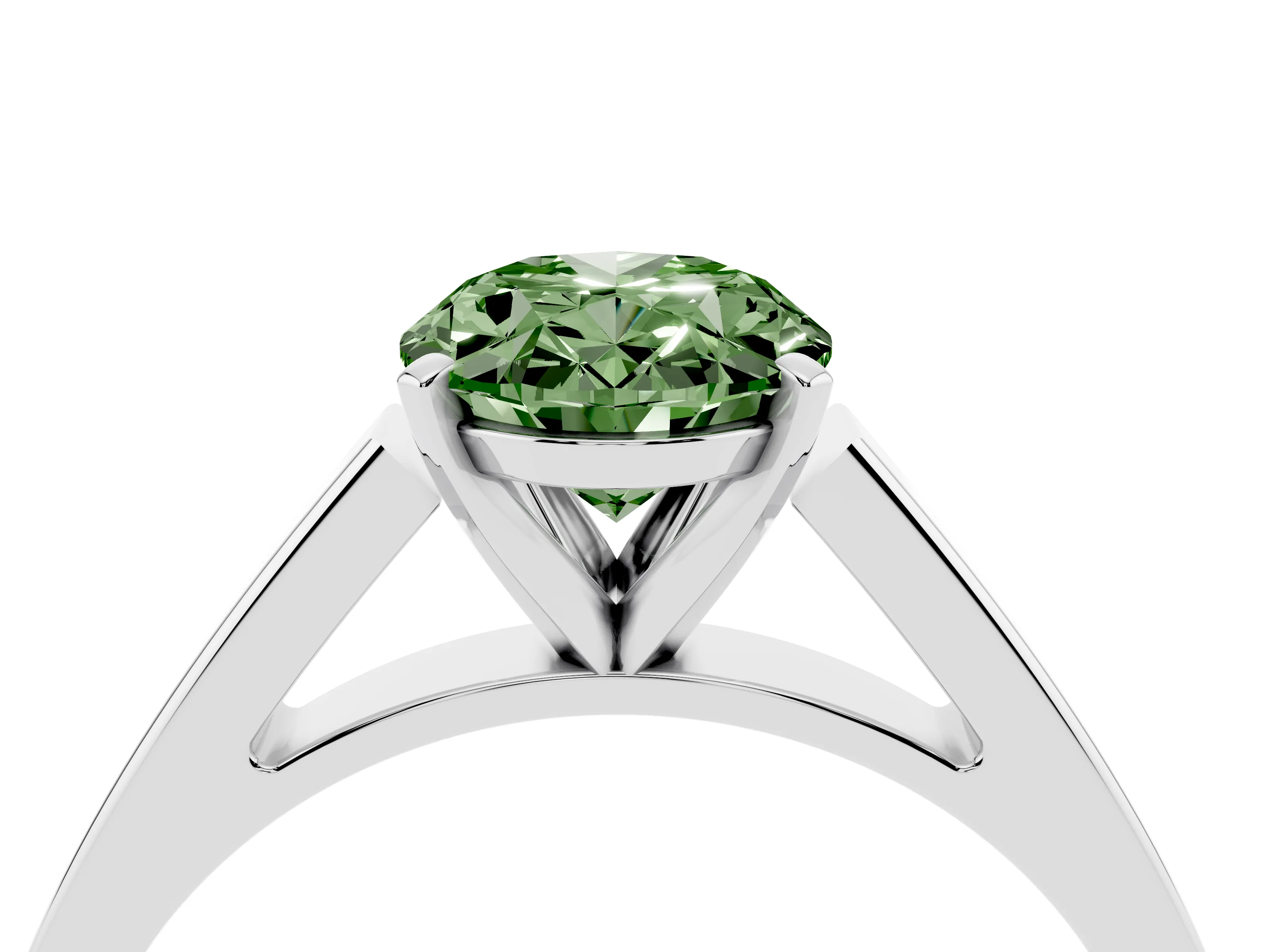Fancy Green Oval Cut Diamond Solitaire Engagement Ring Set in White gold with Prong Setting and Tapered Band
