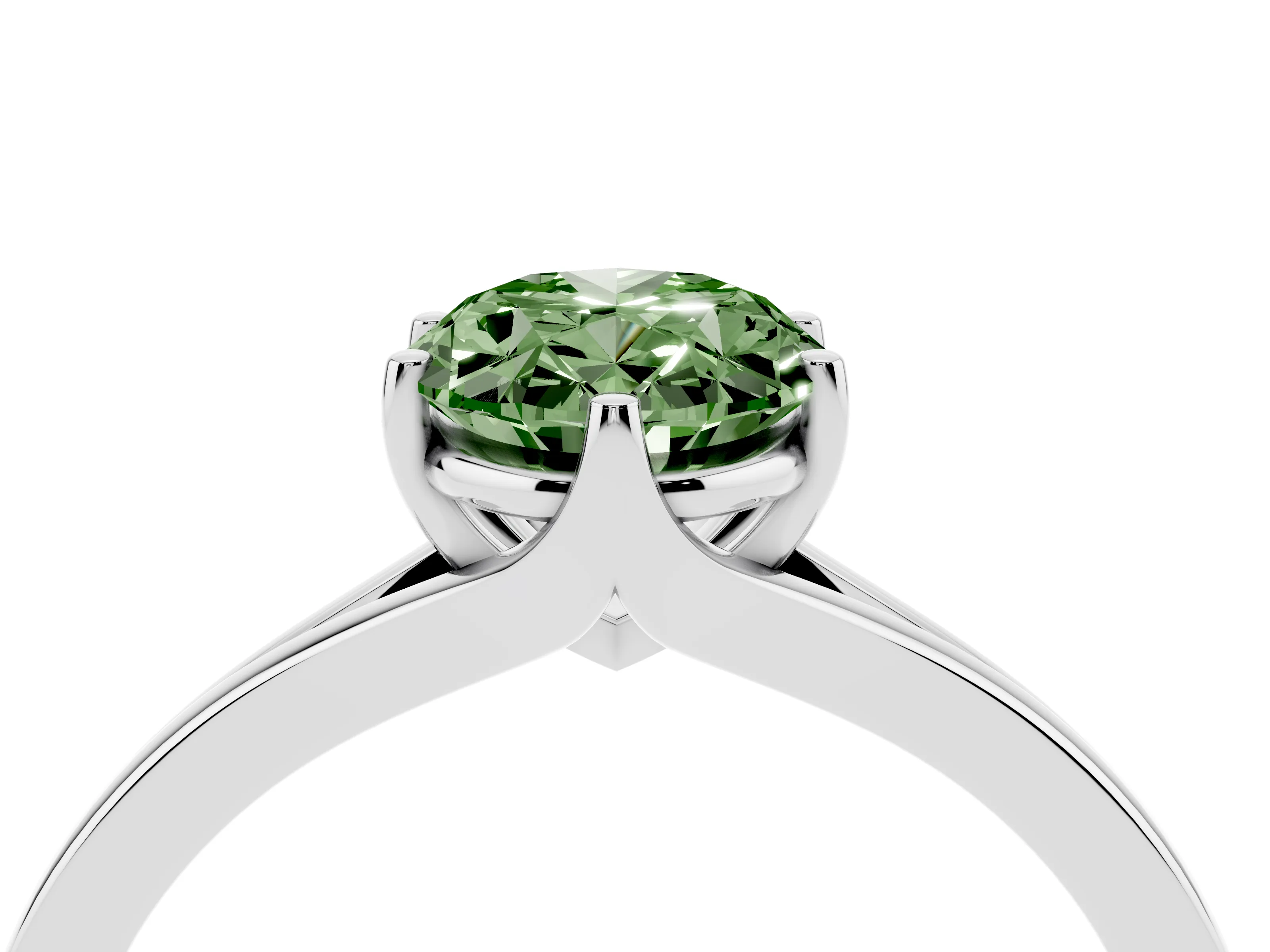 Fancy Green Oval Cut Diamond Solitaire Ring Set in Silver with Polished Tapered Band and Prong Setting