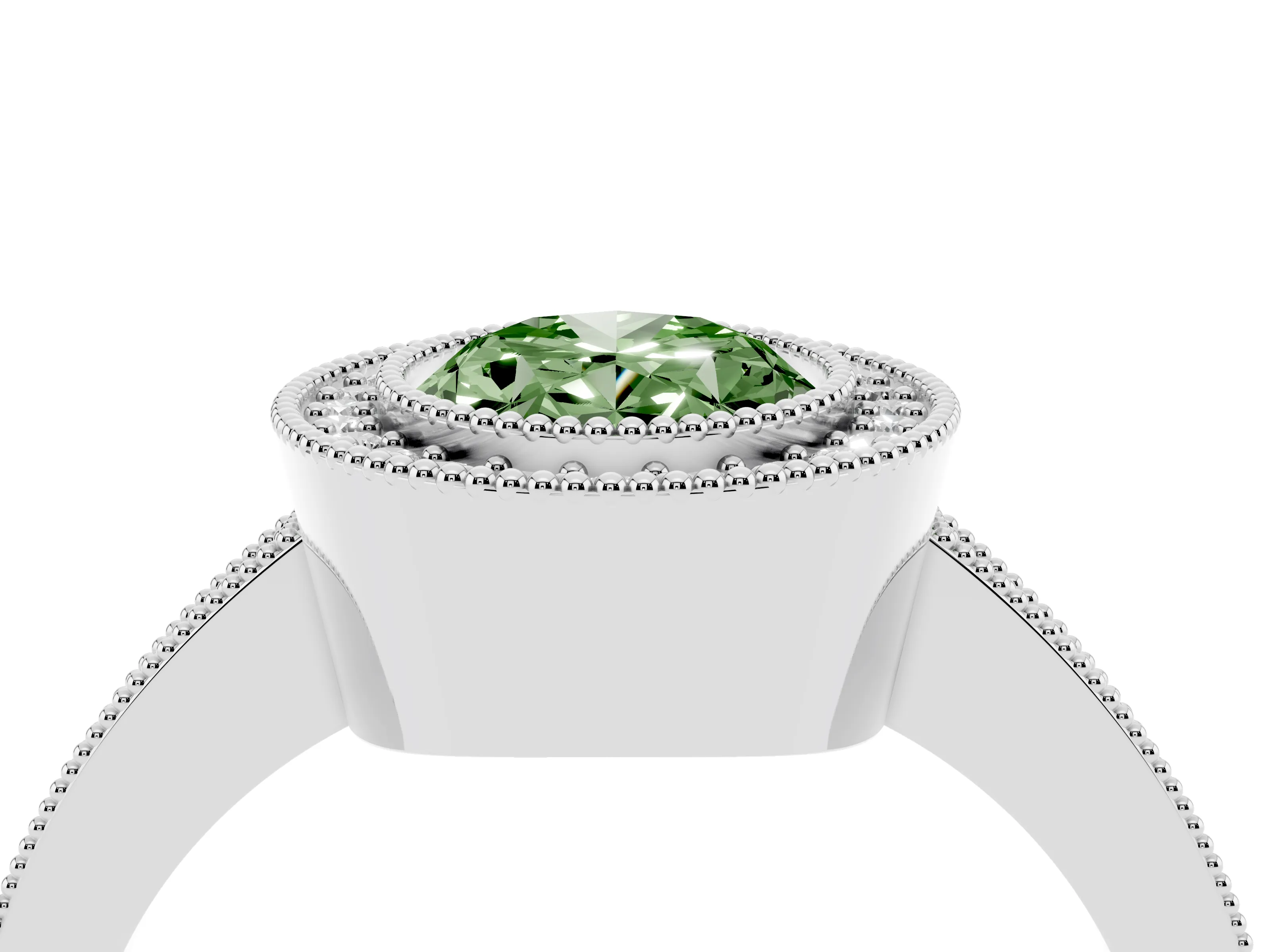 Fancy Green Oval Cut Diamond Halo Engagement Ring Set in White gold with Pavé Band and Round Halo Stones