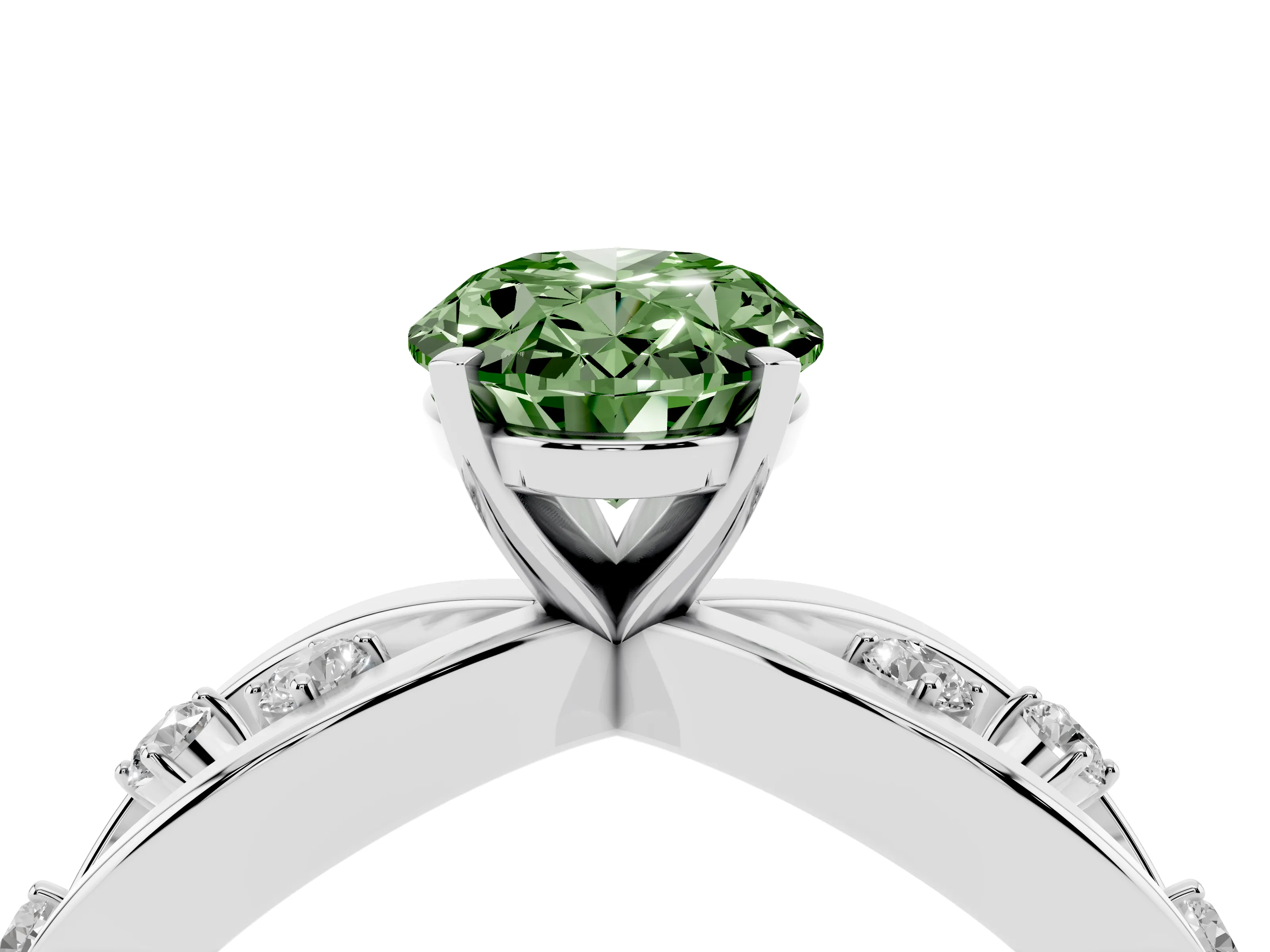 Fancy Green Oval Cut Diamond Solitaire Ring Set in Silver with Side Stones on Criss-Cross Band and Prong Setting