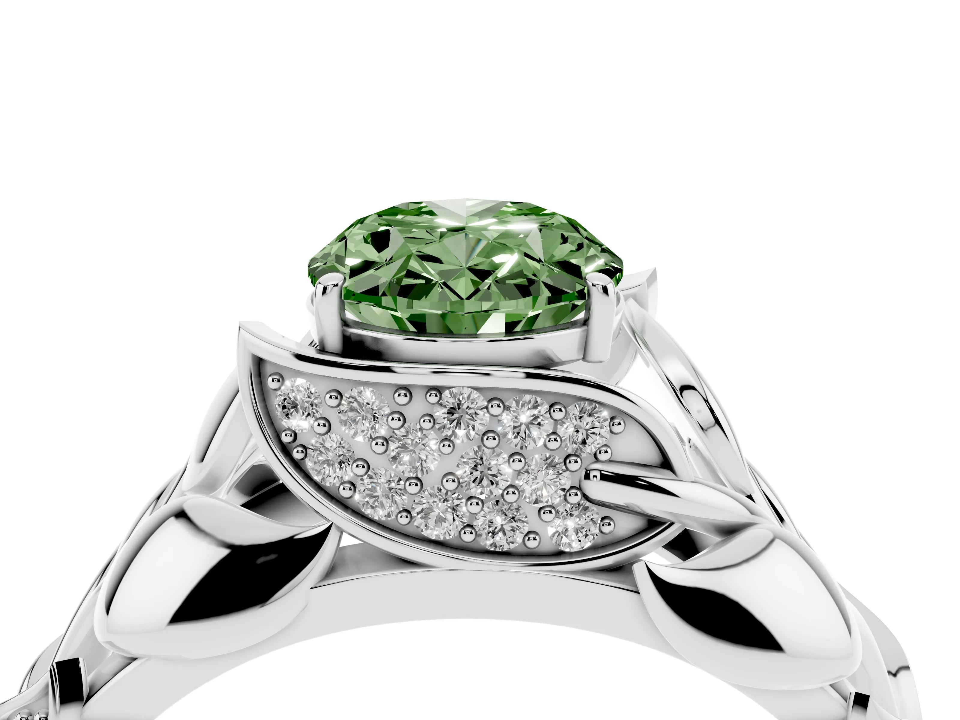 Fancy Green Oval Cut Diamond Leaf-Inspired Engagement Ring Set in White gold with Round Accents