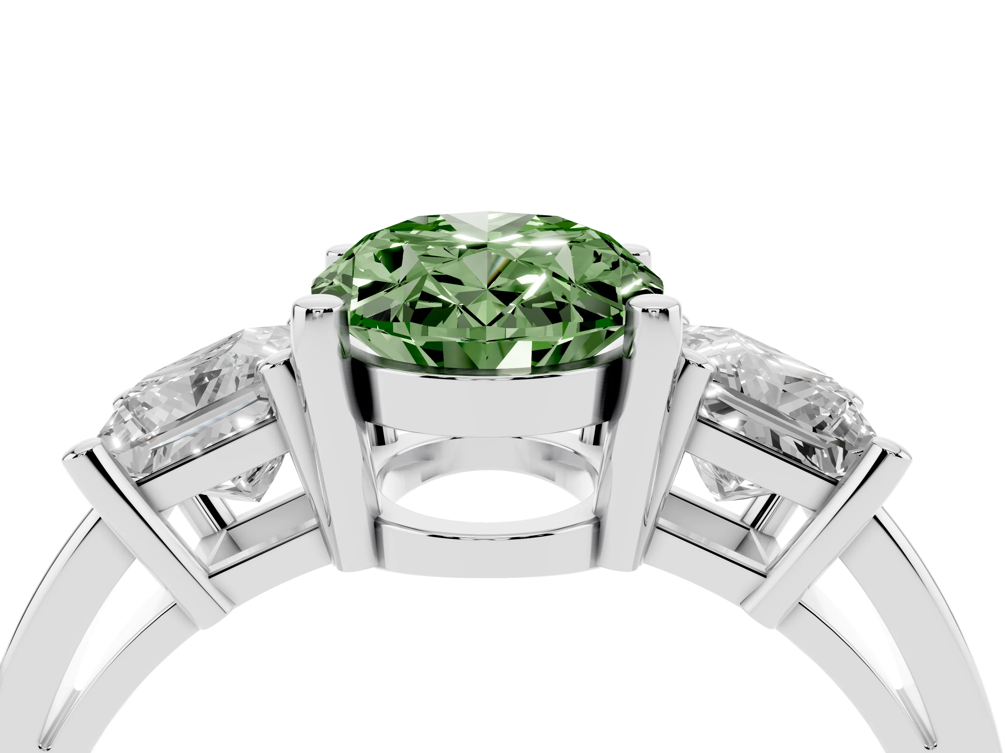 Fancy Green Three-Stone Oval Cut Diamond Solitaire Ring Set in Platinum with Prong Setting