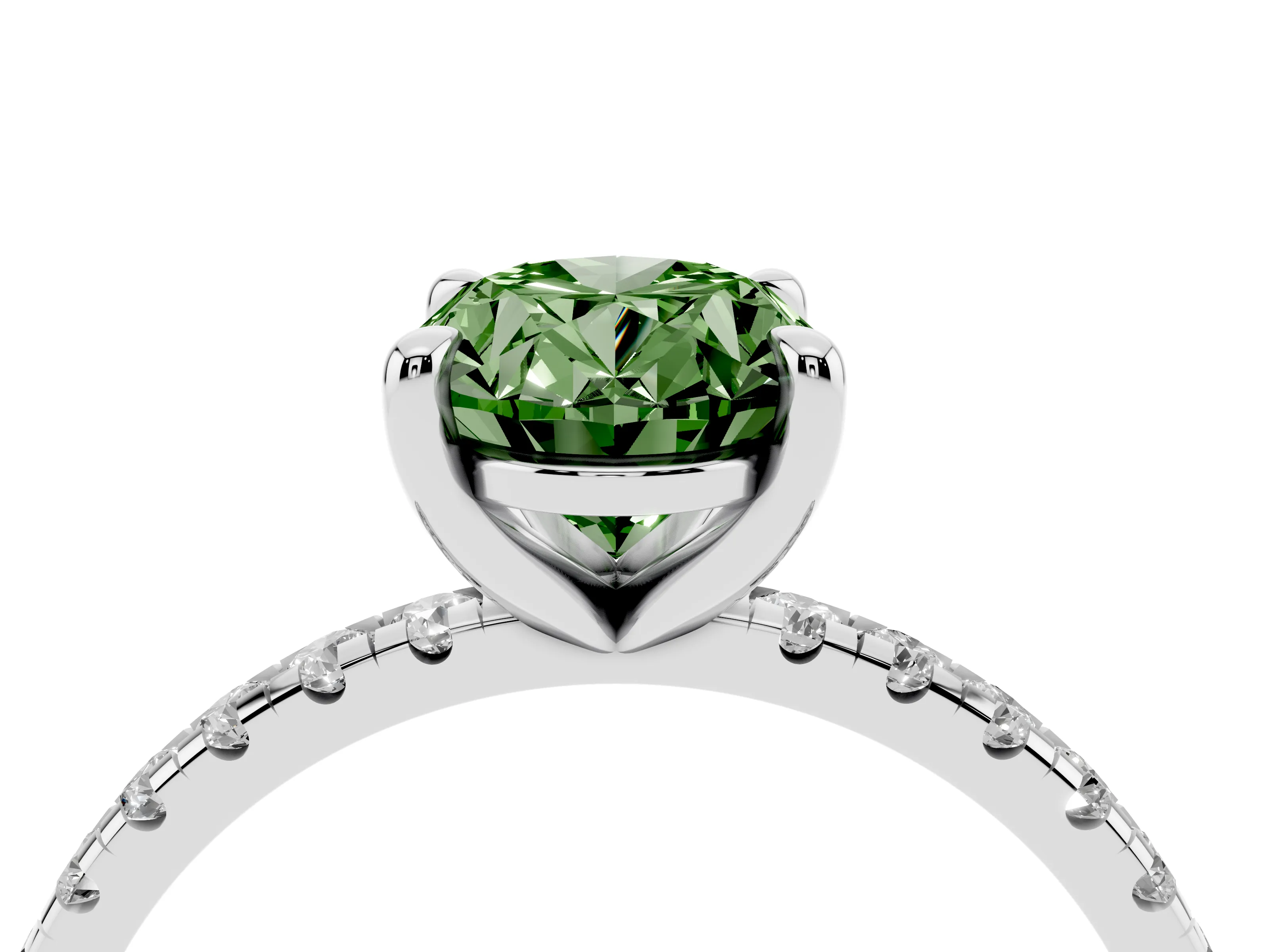 Fancy Green Oval Cut Diamond Brilliant Solitaire Ring Set in White gold with Pavé Band and Prong Setting