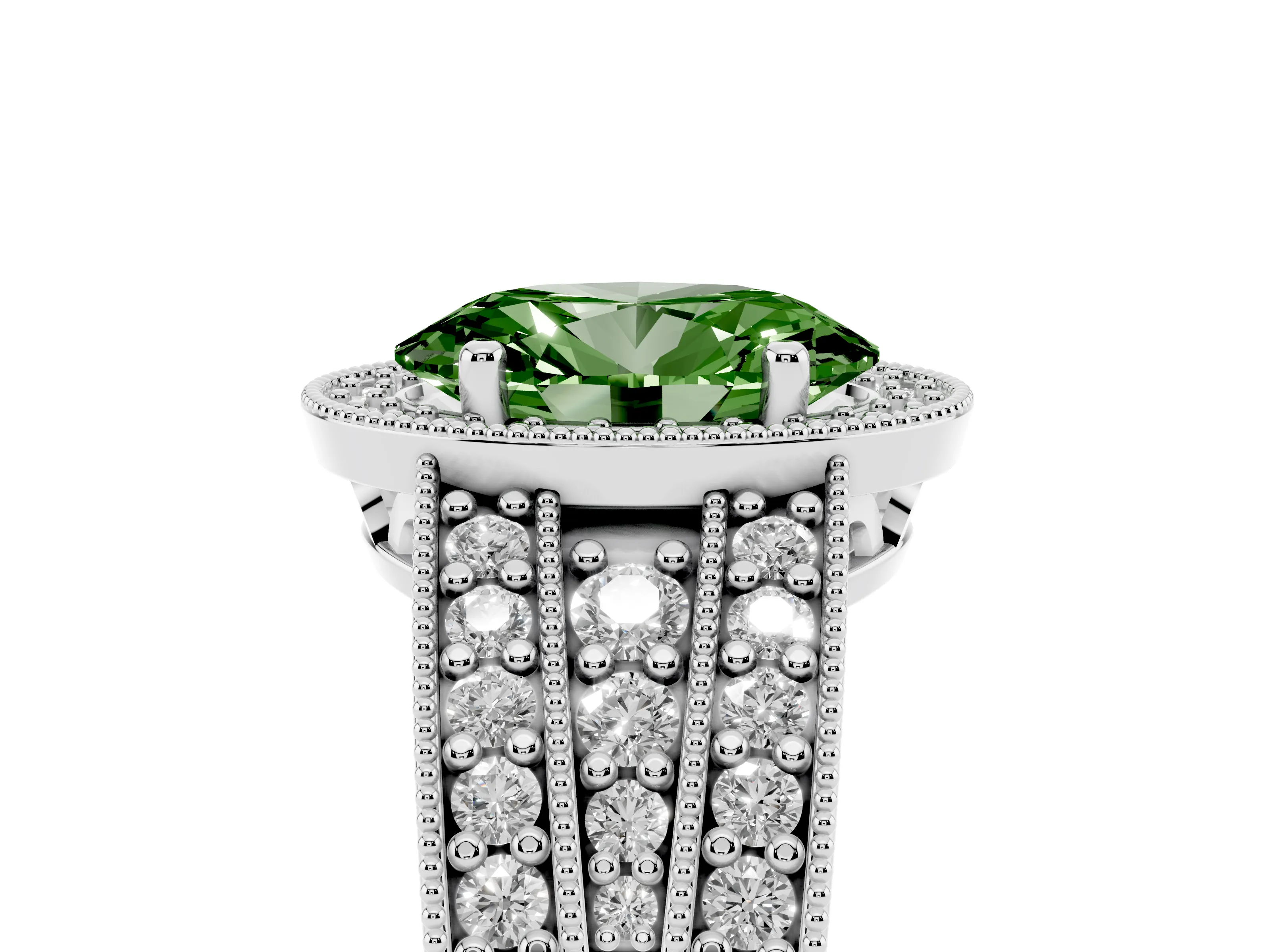 Fancy Green Oval Cut Diamond Halo Ring Set in White gold with Accent Split Shank and Prong Setting