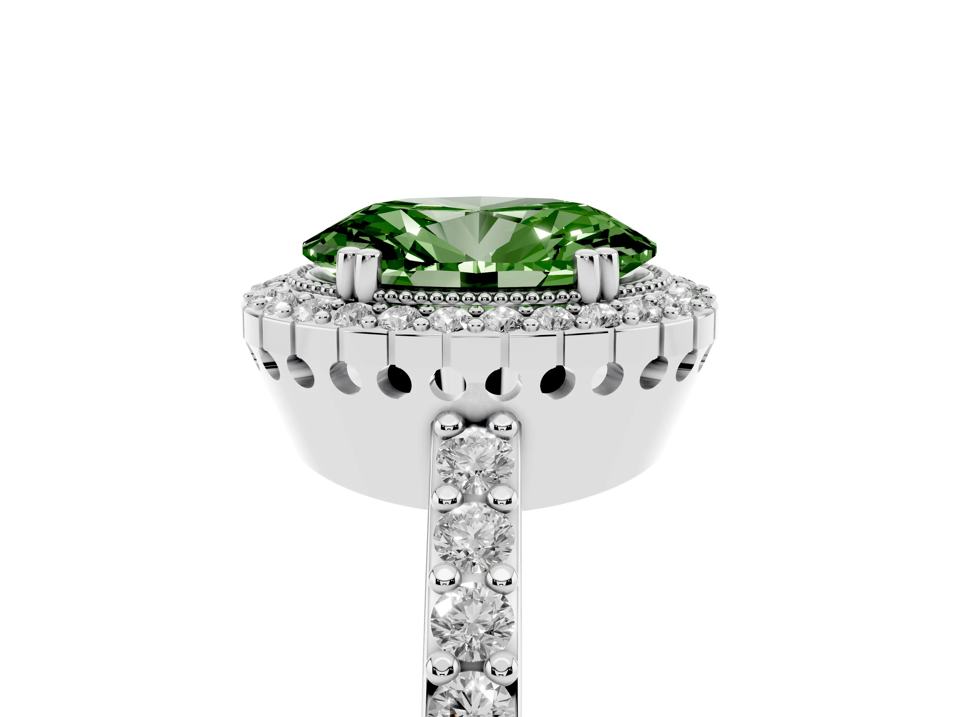 Fancy Green Oval Cut Diamond Halo Engagement Ring Set in Platinum with Milgrain Detail and Pavé Band