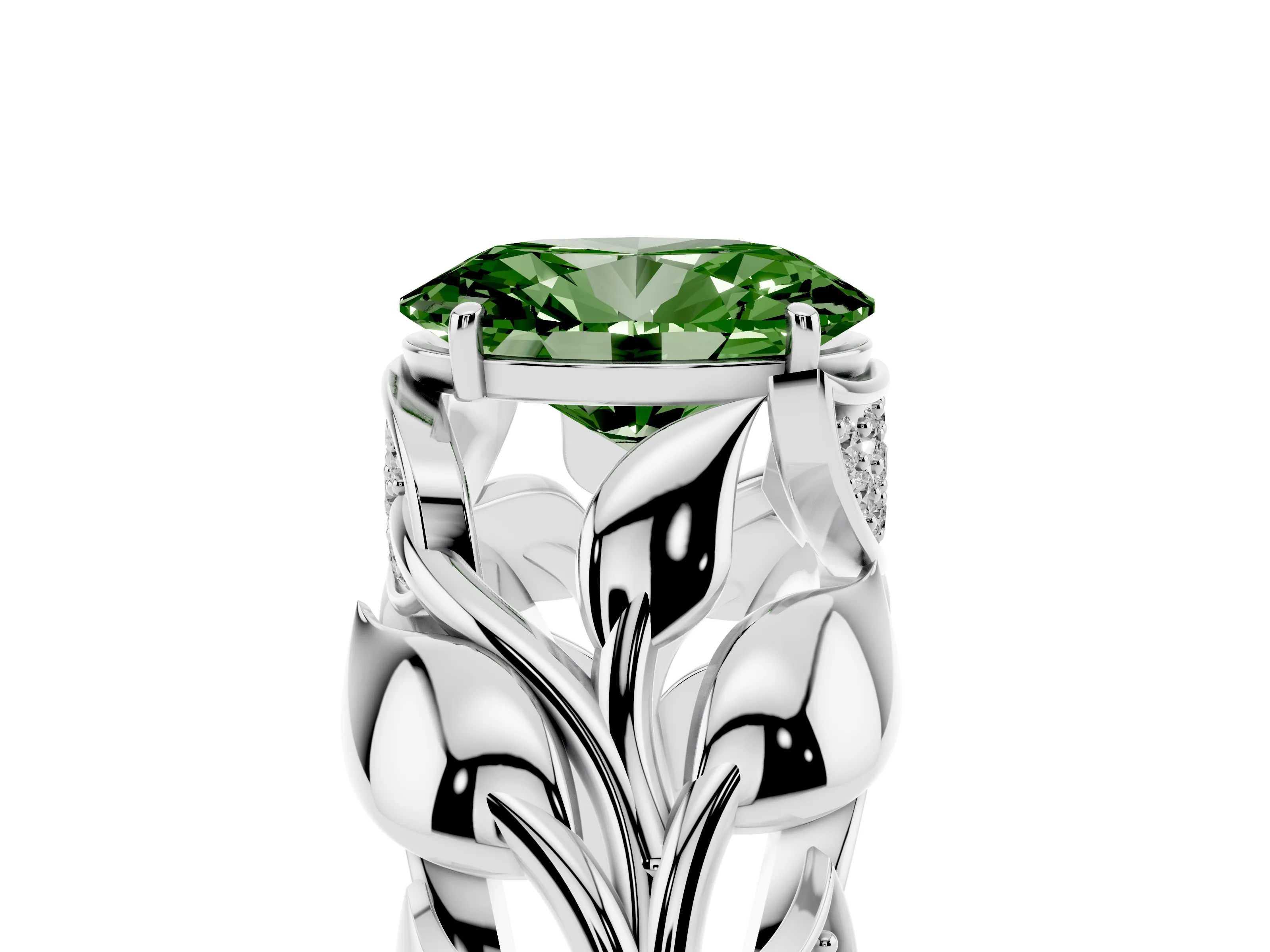 Fancy Green Oval Cut Diamond Leaf-Inspired Engagement Ring Set in White gold with Round Accents