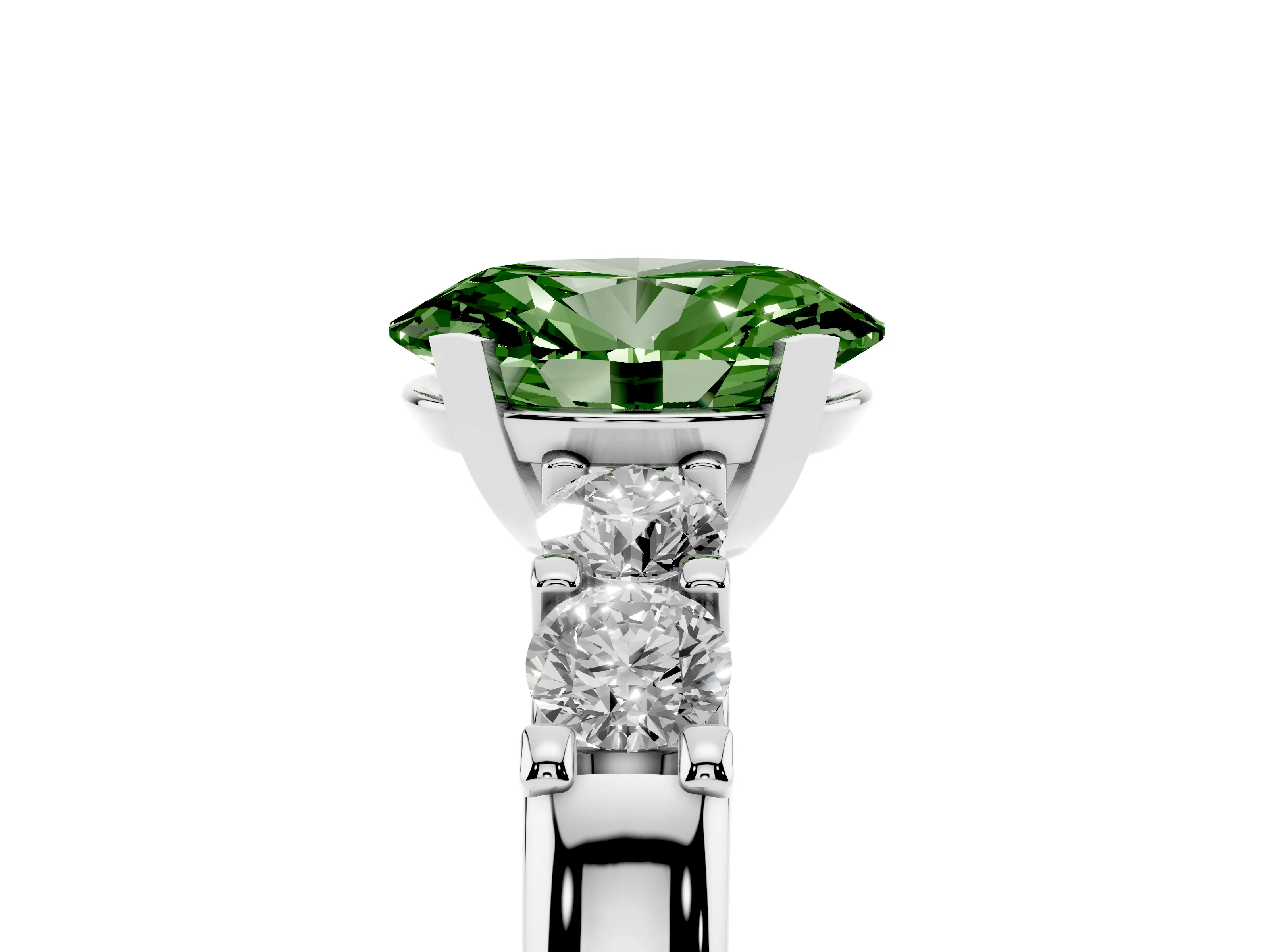 Fancy Green Oval Cut Diamond Five-Stone Prong Set Engagement Ring Set in Platinum with Channel Band