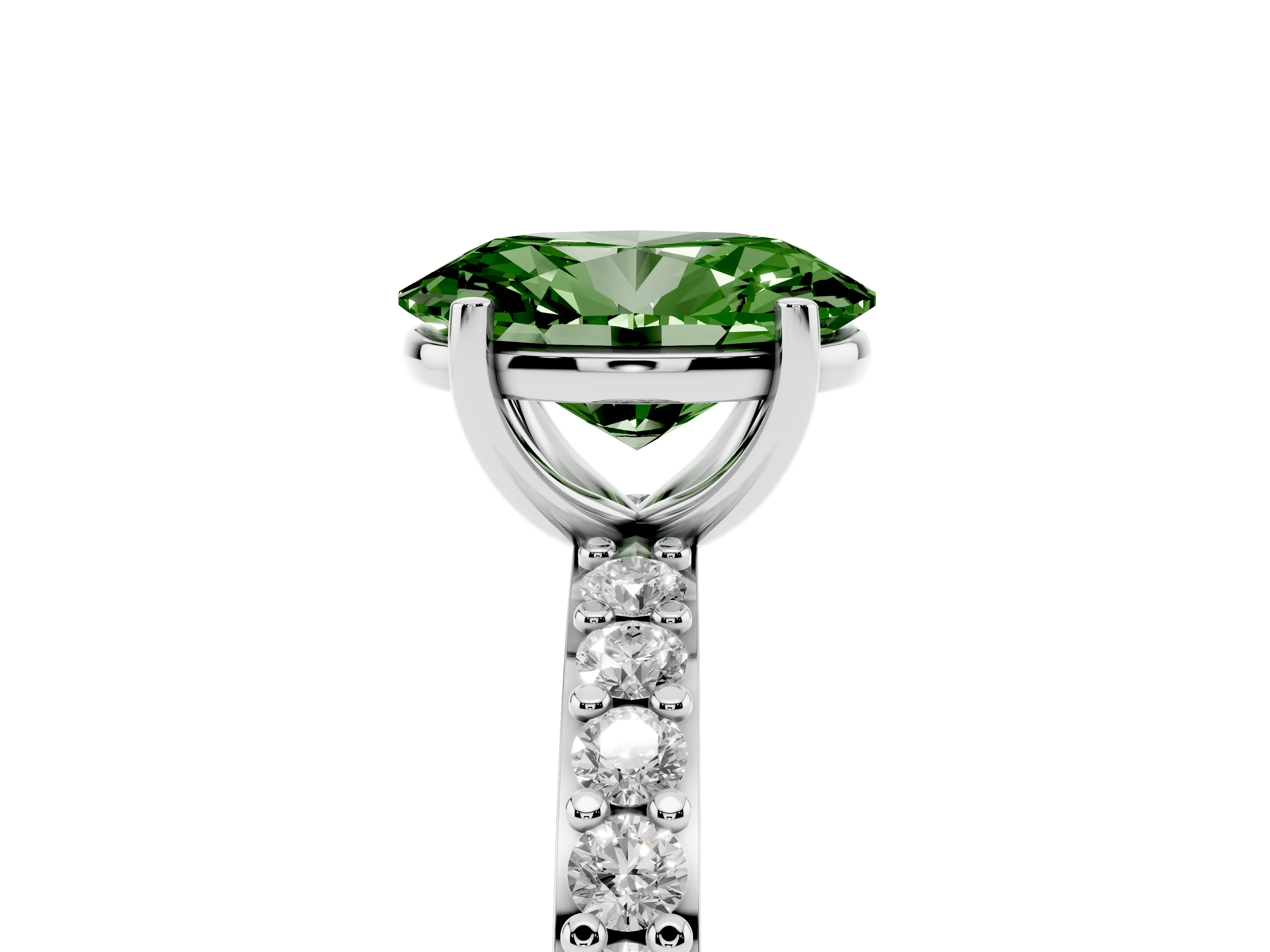 Fancy Green Oval Cut Diamond Solitaire Set in Platinum with Round Pavé Band and Prong Setting