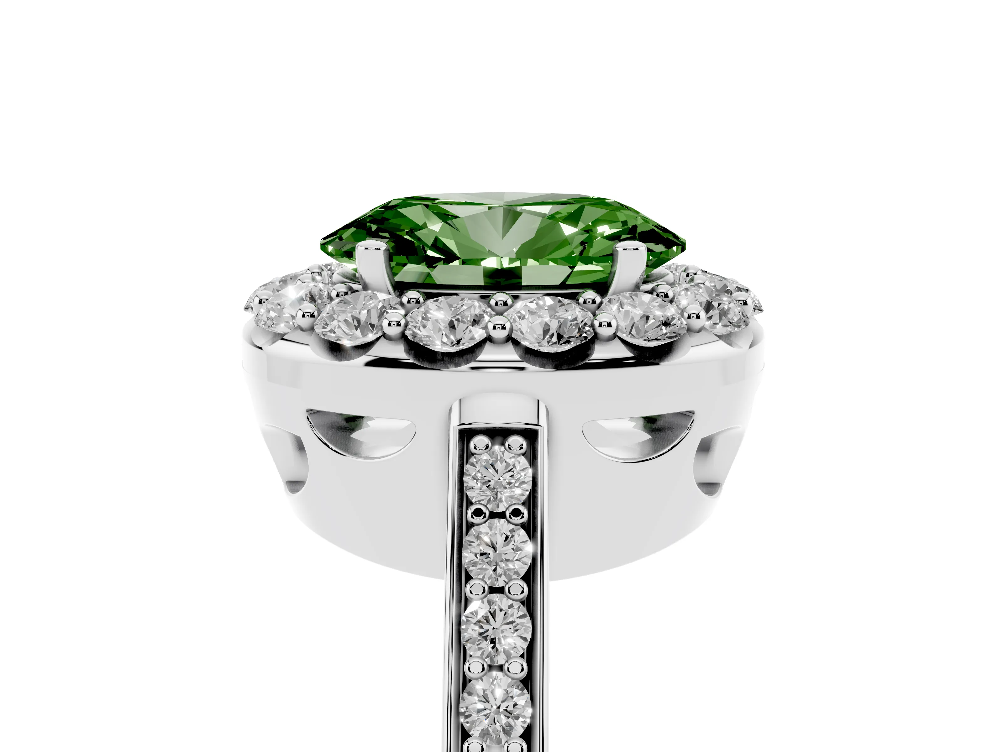 Fancy Green Oval Cut Diamond Floral Halo Ring Set in White gold with Pavé Band and Prong Setting