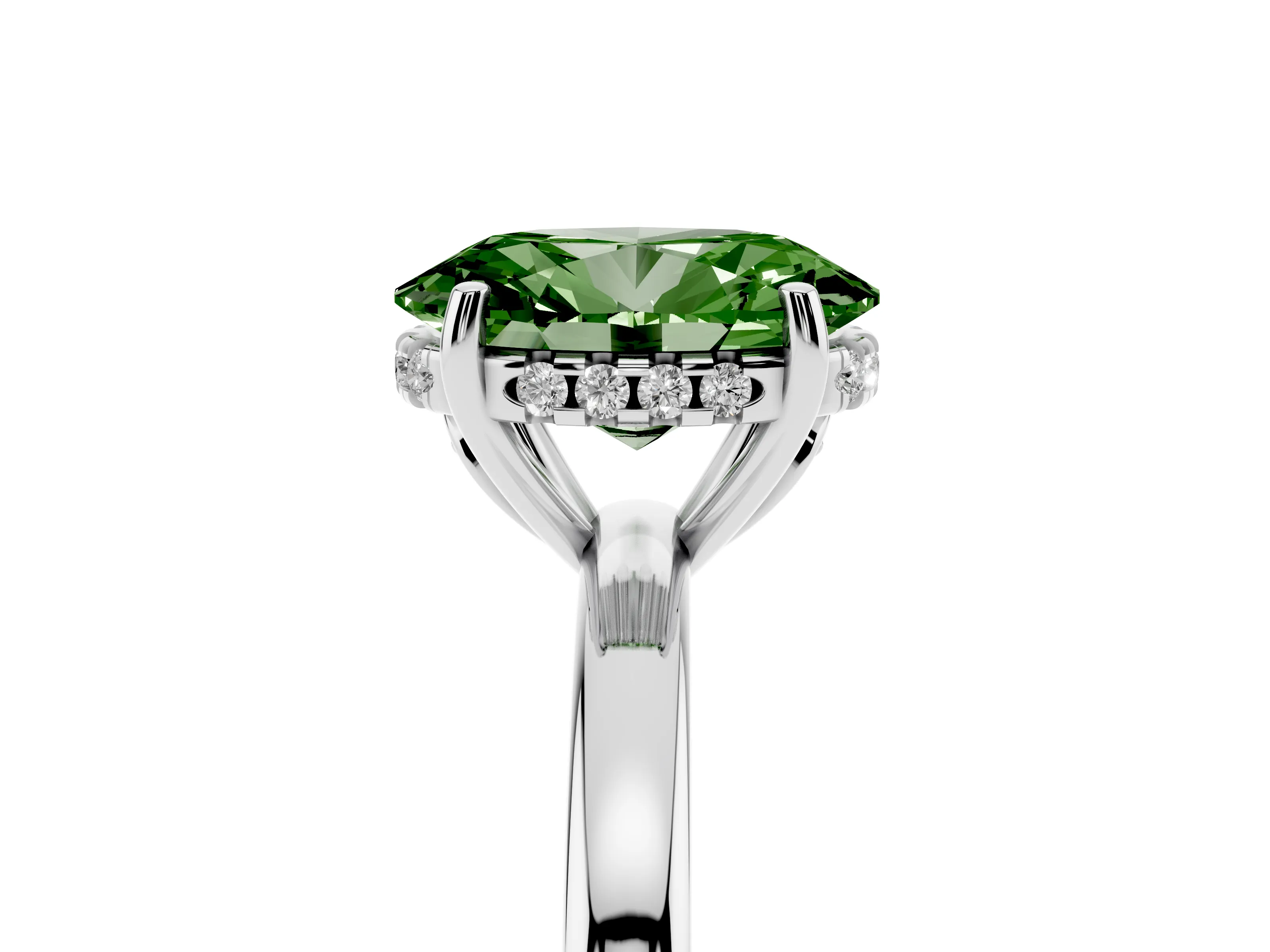 Fancy Green Oval Cut Diamond Solitaire Ring Set in Silver with Plain Band and Prong Setting