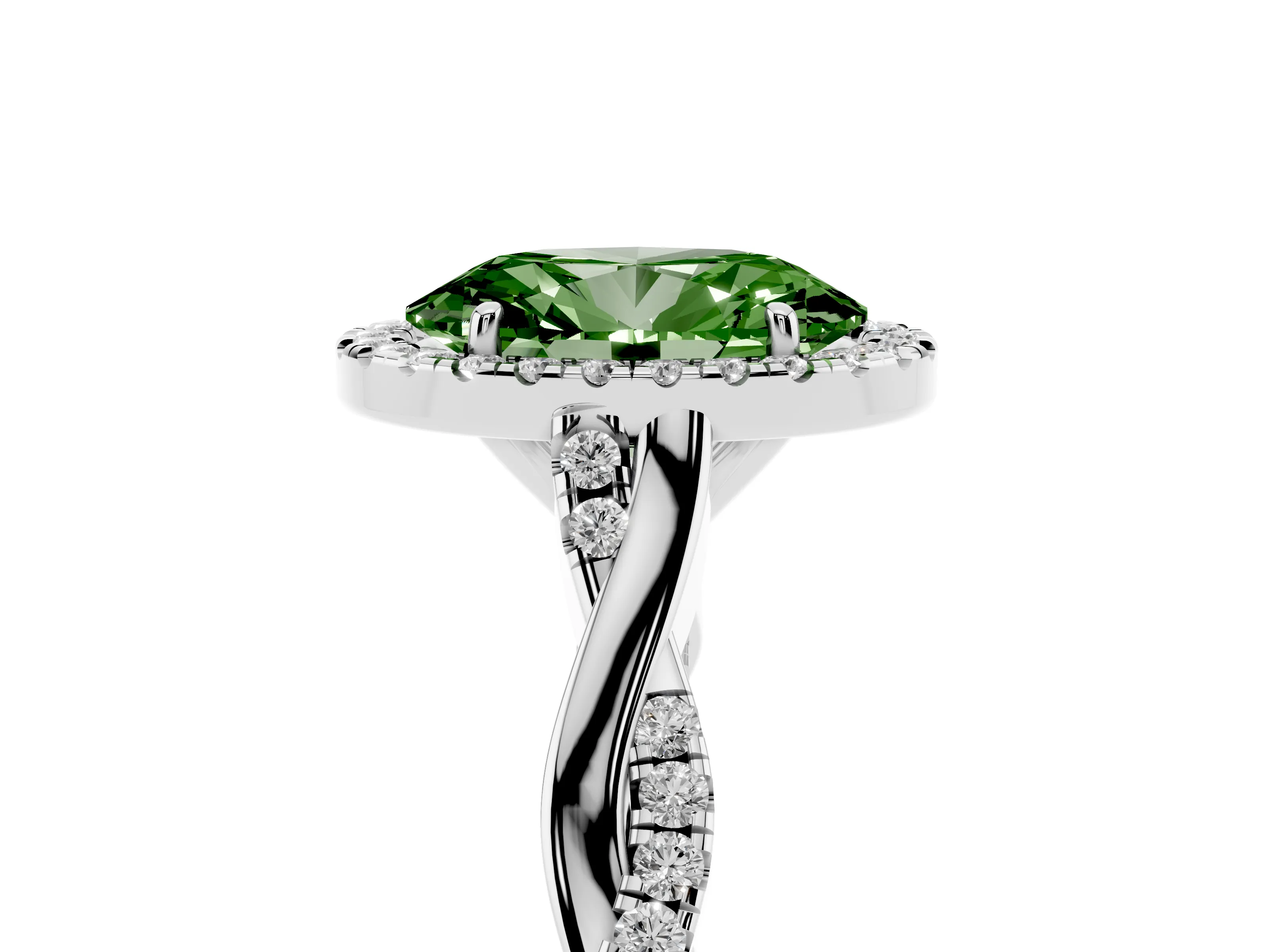 Fancy Green Oval Cut Diamond Halo Twist Band Solitaire Ring Set in White gold with Prong Setting