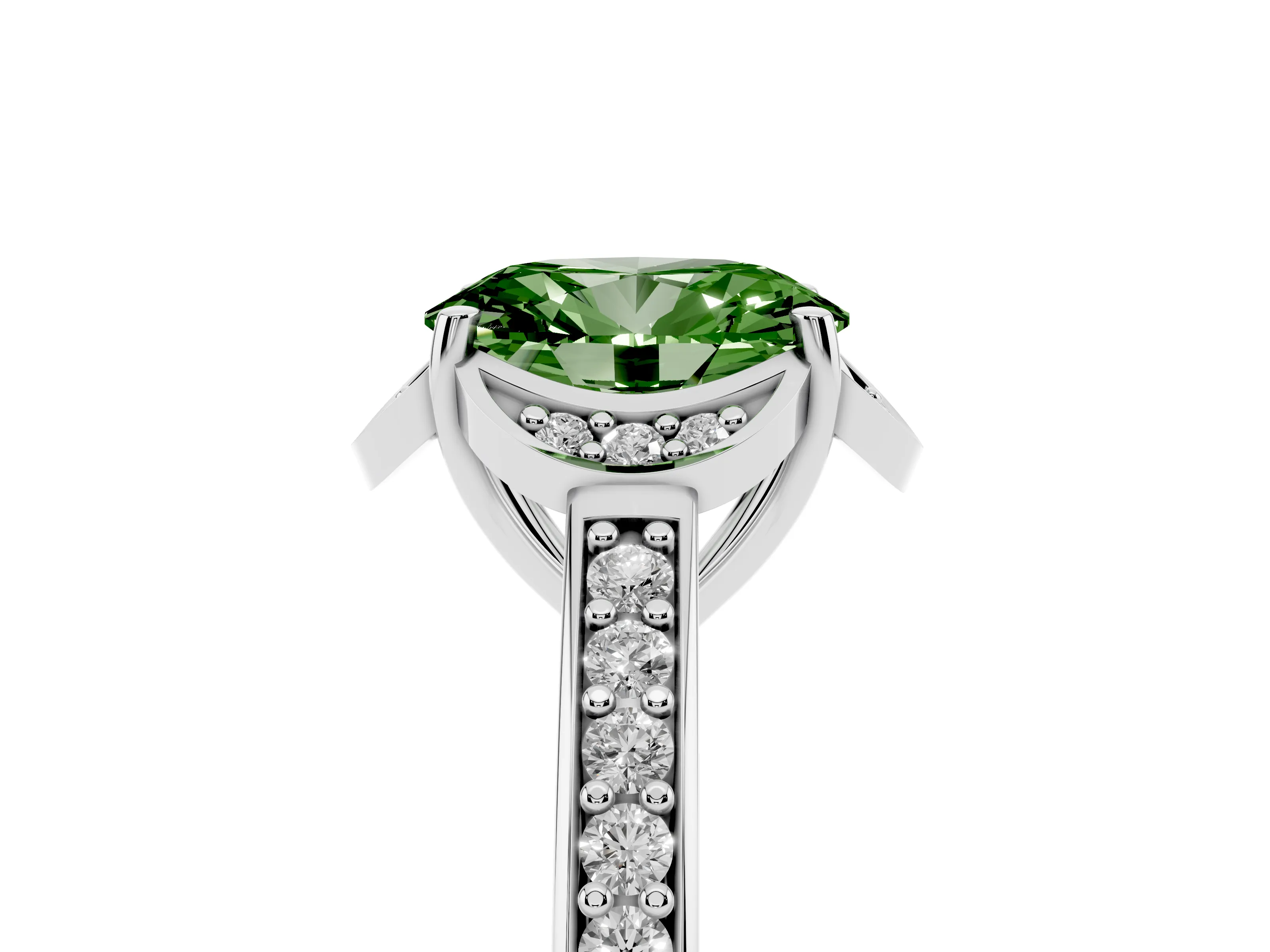 Fancy Green Oval Cut Diamond Halo Ring Set in White gold with Channel Set Band and Prong Setting