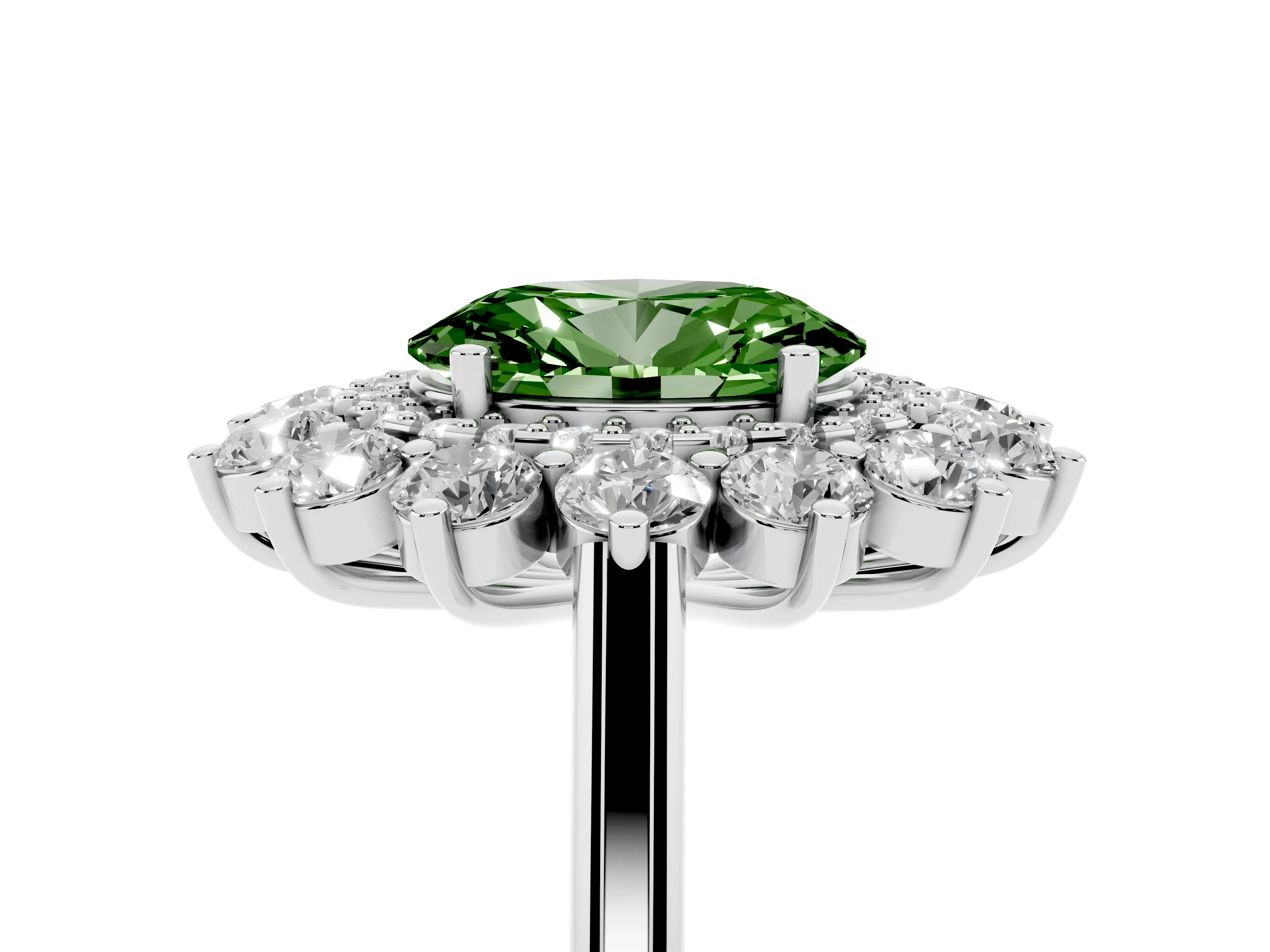 Fancy Green Oval Cut Diamond Floral Double Halo Ring Set in Silver with Round Petals