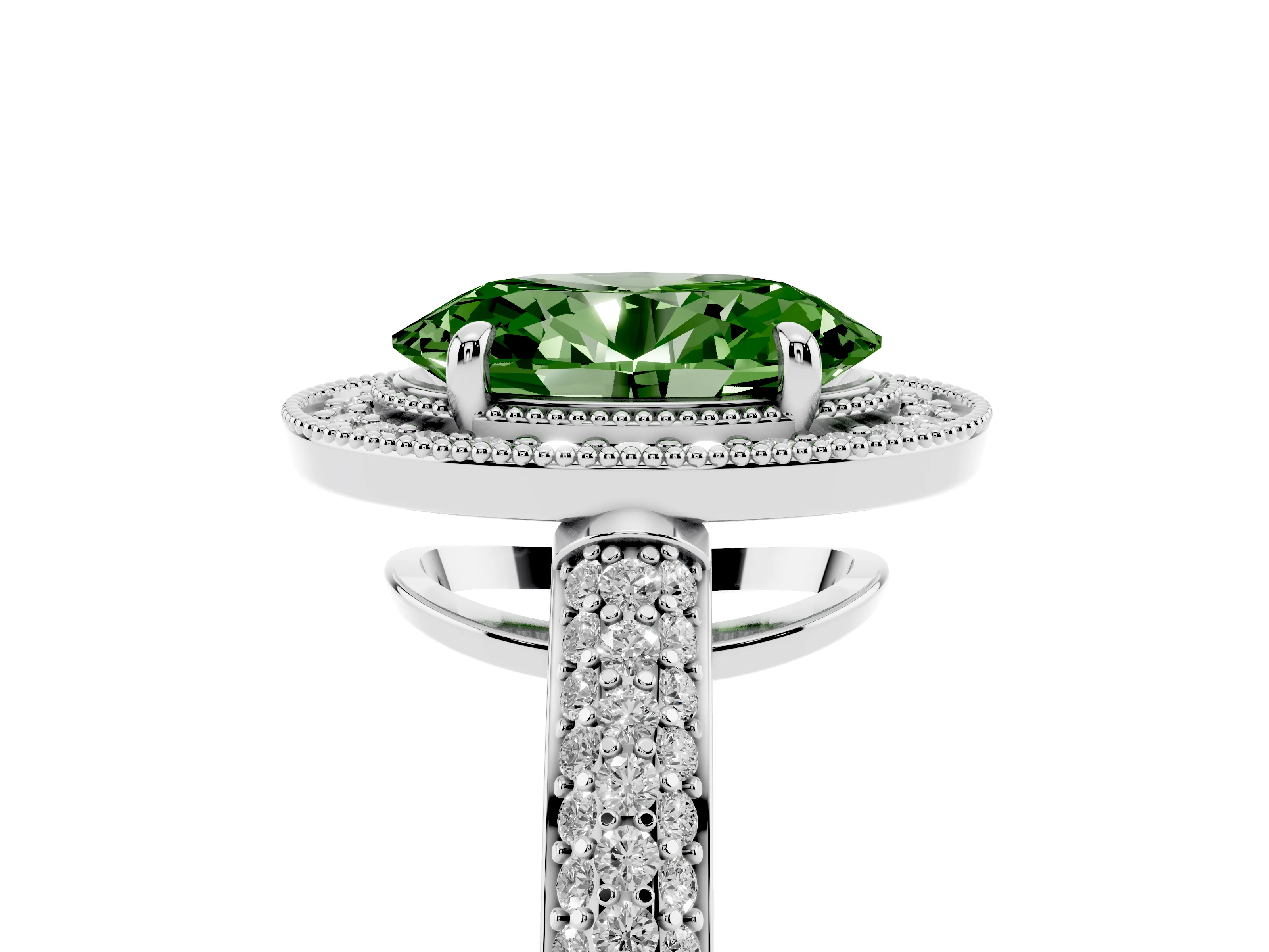 Fancy Green Oval Cut Diamond Halo Pavé Band Set in Platinum with Prong Setting