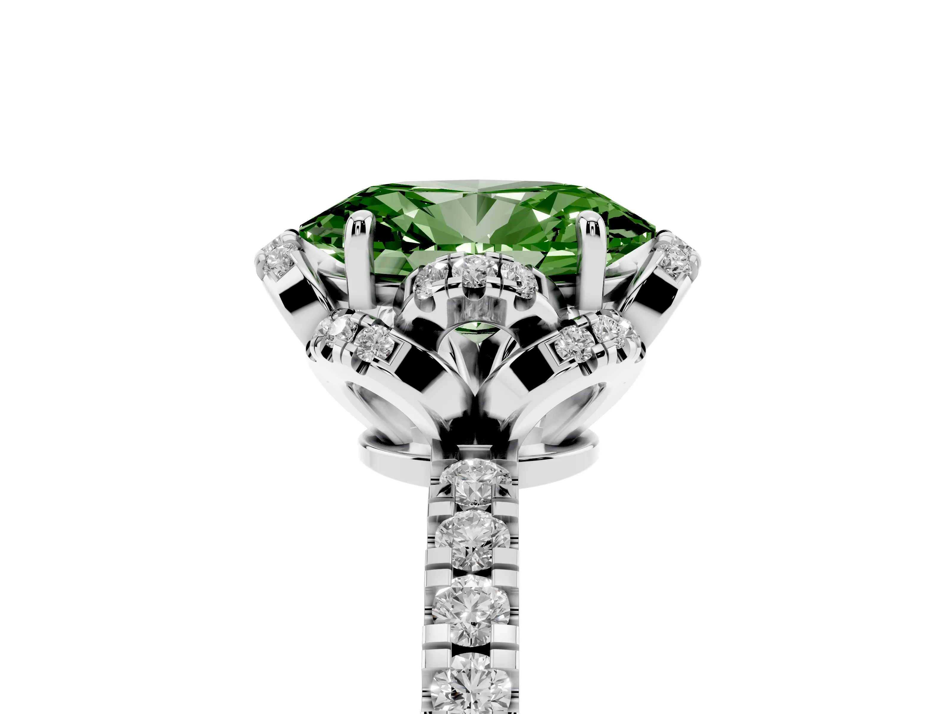 Fancy Green Oval Cut Diamond Halo Pavé Band Ring Set in White gold with Prong-Held Center