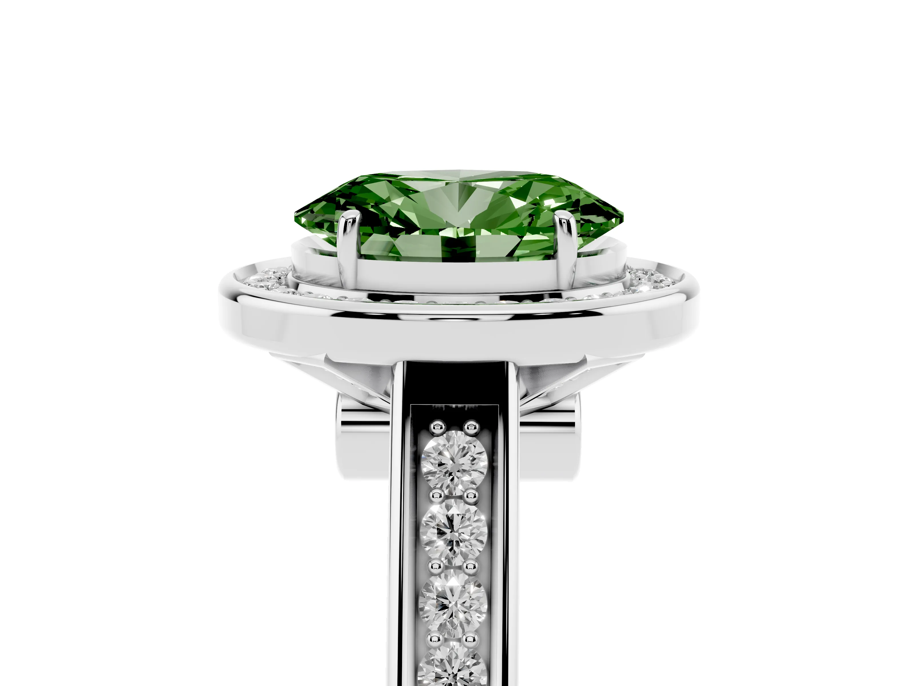 Fancy Green Oval Cut Diamond Halo Solitaire Ring Set in Platinum with Pavé Band and Bezel Setting